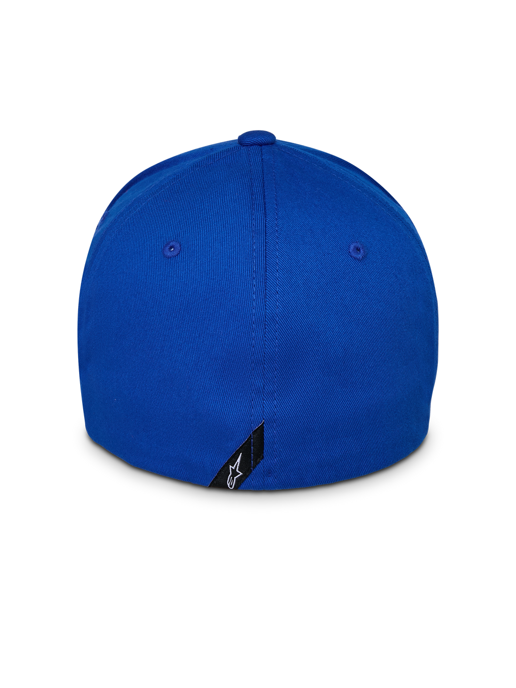 Alpinestars Corp Shift Relay Hat, niebieska czapka z daszkiem, widok z tyłu, elastyczna konstrukcja typu flex z małą czarną metką z logo, strukturalna korona, sportowy styl