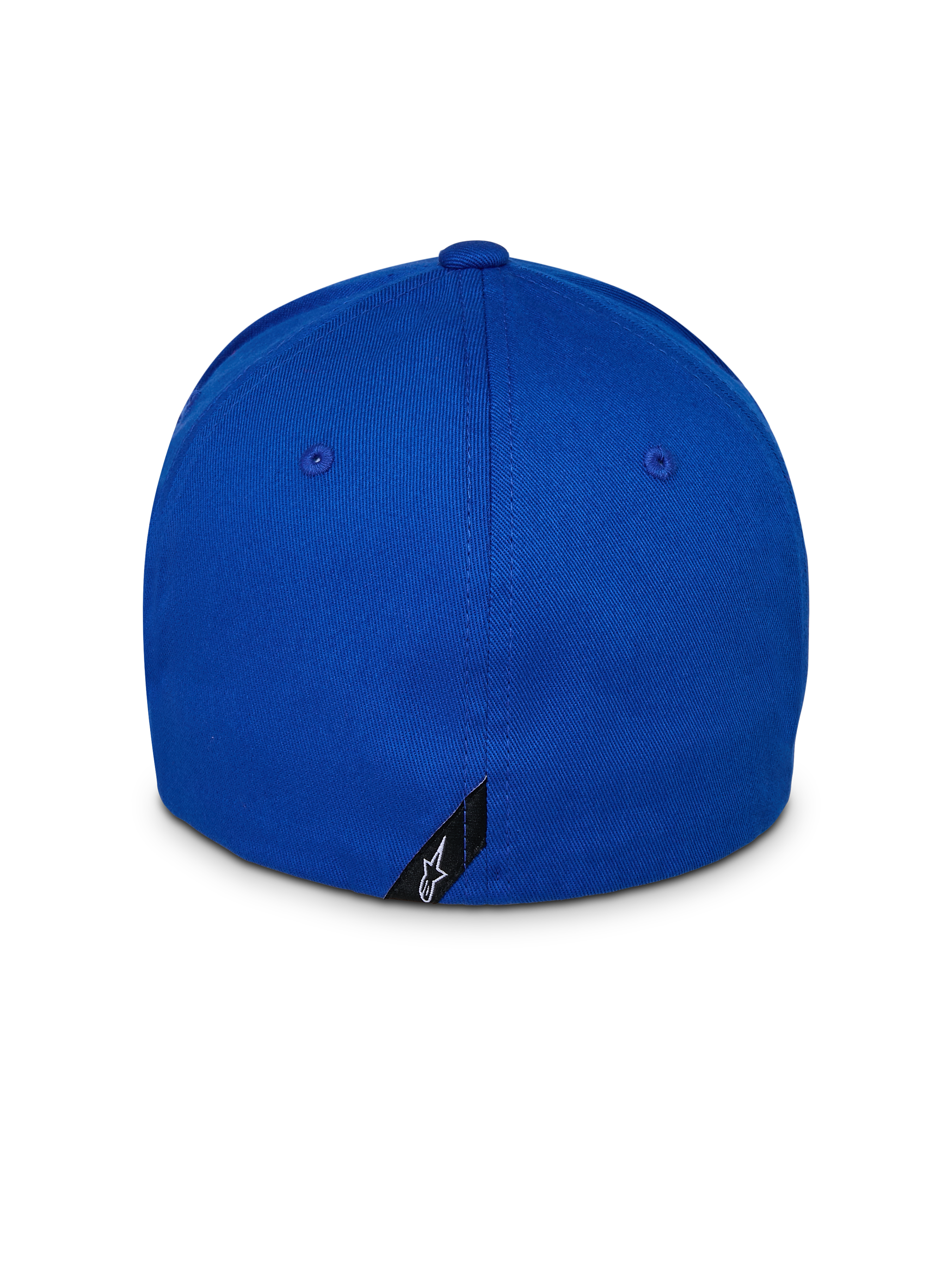 Alpinestars Corp Shift Relay Hat, niebieska czapka z daszkiem, widok z tyłu, elastyczna konstrukcja typu flex z małą czarną metką z logo, strukturalna korona, sportowy styl