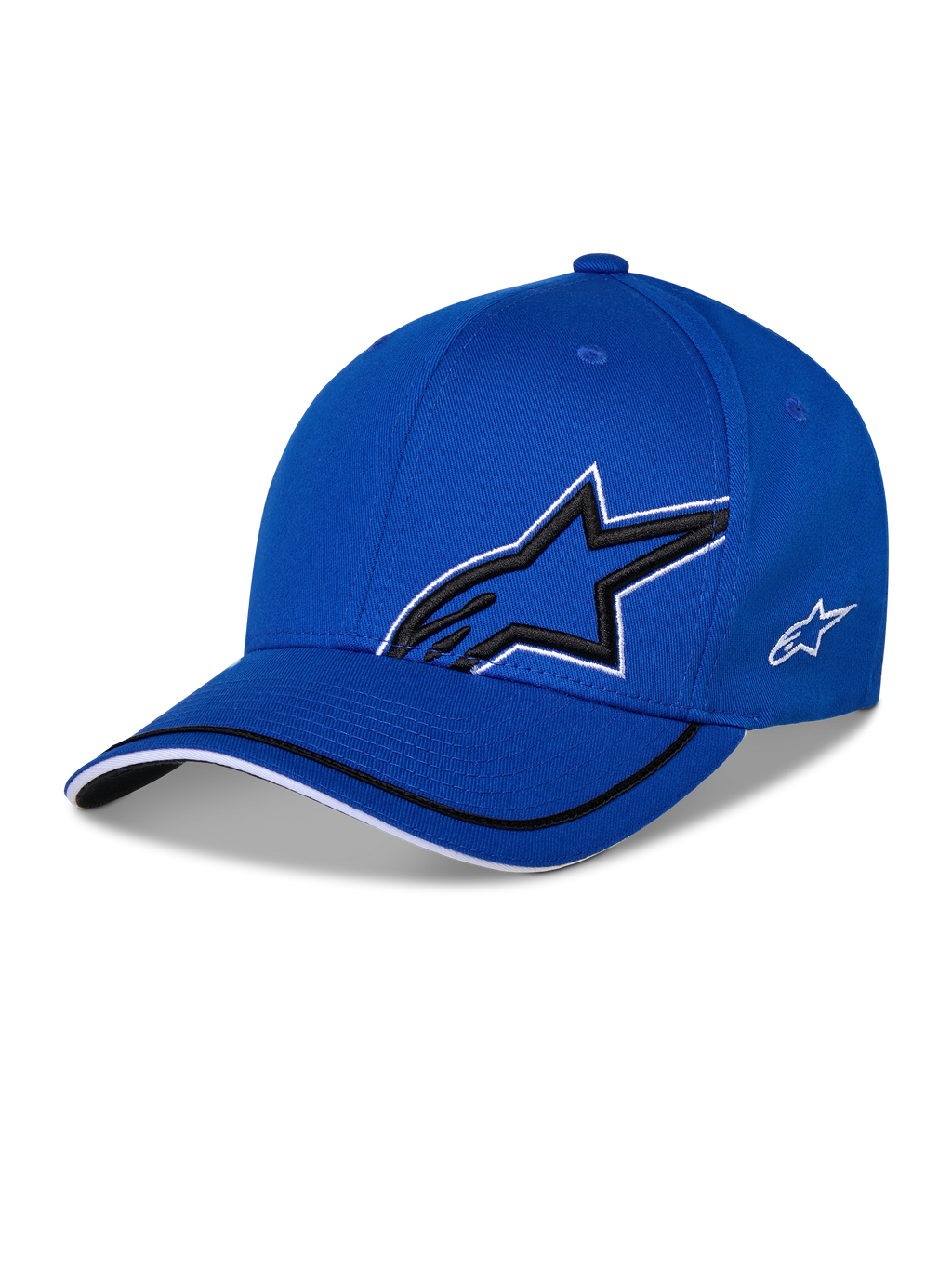 Alpinestars Corp Shift Relay Hat, niebieska czapka z daszkiem o strukturalnej koronie, duże czarne logo Astars 3D z białą obwódką, małe białe logo z boku, zakrzywiony daszek z czarno-białymi detalami