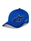 Alpinestars Corp Shift Relay Hat, niebieska czapka z daszkiem o strukturalnej koronie, duże czarne logo Astars 3D z białą obwódką, małe białe logo z boku, zakrzywiony daszek z czarno-białymi detalami