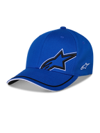 Alpinestars Corp Shift Relay Hat, niebieska czapka z daszkiem o strukturalnej koronie, duże czarne logo Astars 3D z białą obwódką, małe białe logo z boku, zakrzywiony daszek z czarno-białymi detalami