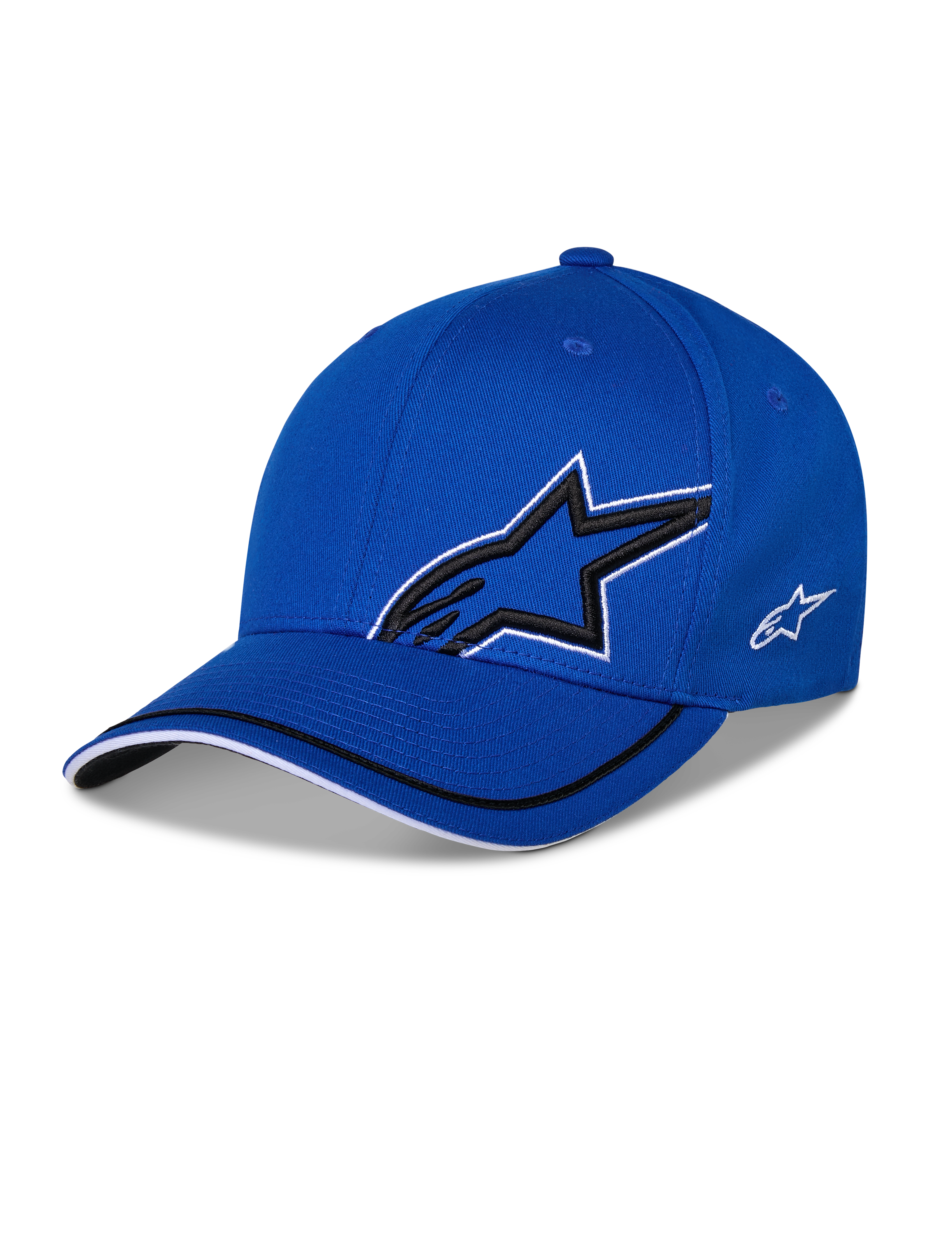 Alpinestars Corp Shift Relay Hat, niebieska czapka z daszkiem o strukturalnej koronie, duże czarne logo Astars 3D z białą obwódką, małe białe logo z boku, zakrzywiony daszek z czarno-białymi detalami