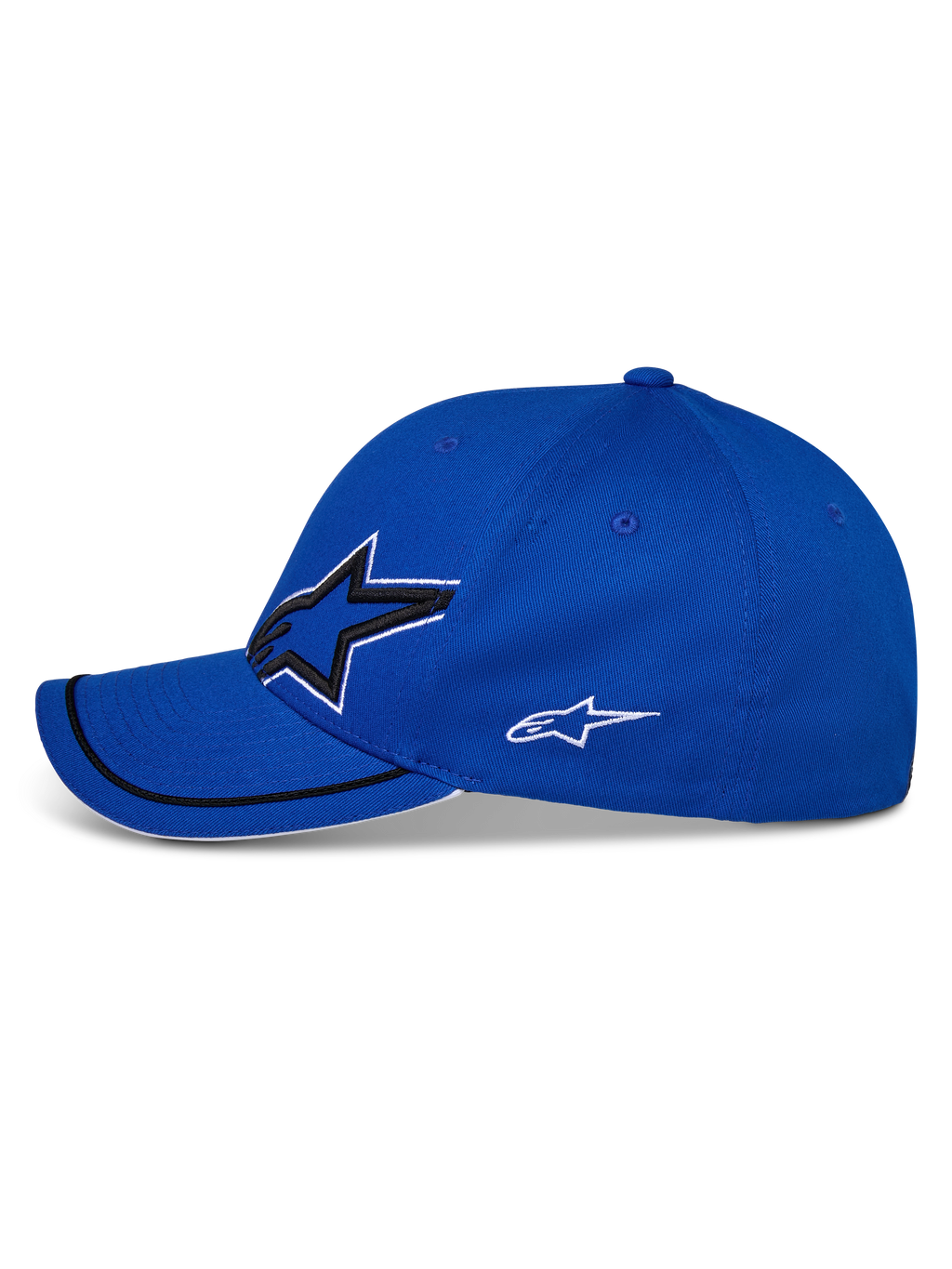 Alpinestars Corp Shift Relay Hat, niebieska czapka z daszkiem, widok z boku, zakrzywiony daszek z czarnym wykończeniem sutache i białą krawędzią sandwich, duże logo 3D Astars z przodu i mniejsze białe logo z boku, sportowa czapka codzienna