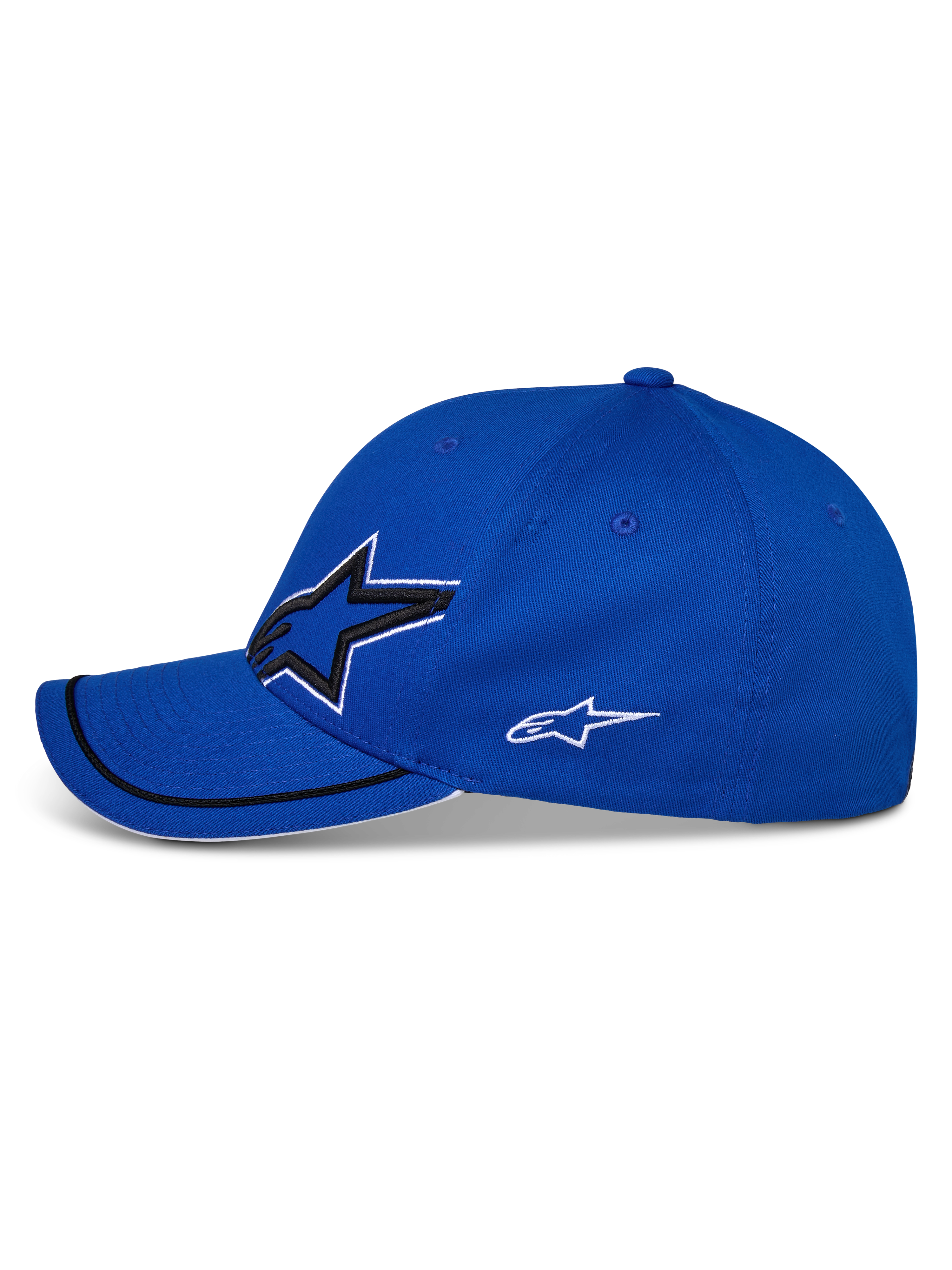 Alpinestars Corp Shift Relay Hat, niebieska czapka z daszkiem, widok z boku, zakrzywiony daszek z czarnym wykończeniem sutache i białą krawędzią sandwich, duże logo 3D Astars z przodu i mniejsze białe logo z boku, sportowa czapka codzienna