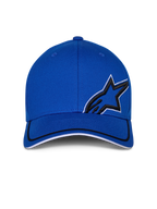Alpinestars Corp Shift Relay Hat, niebieska czapka z daszkiem, czarny haft 3D logo Astars z białą obwódką, czarno-białe wykończenie krawędzi daszka, casualowy styl motorsportowy