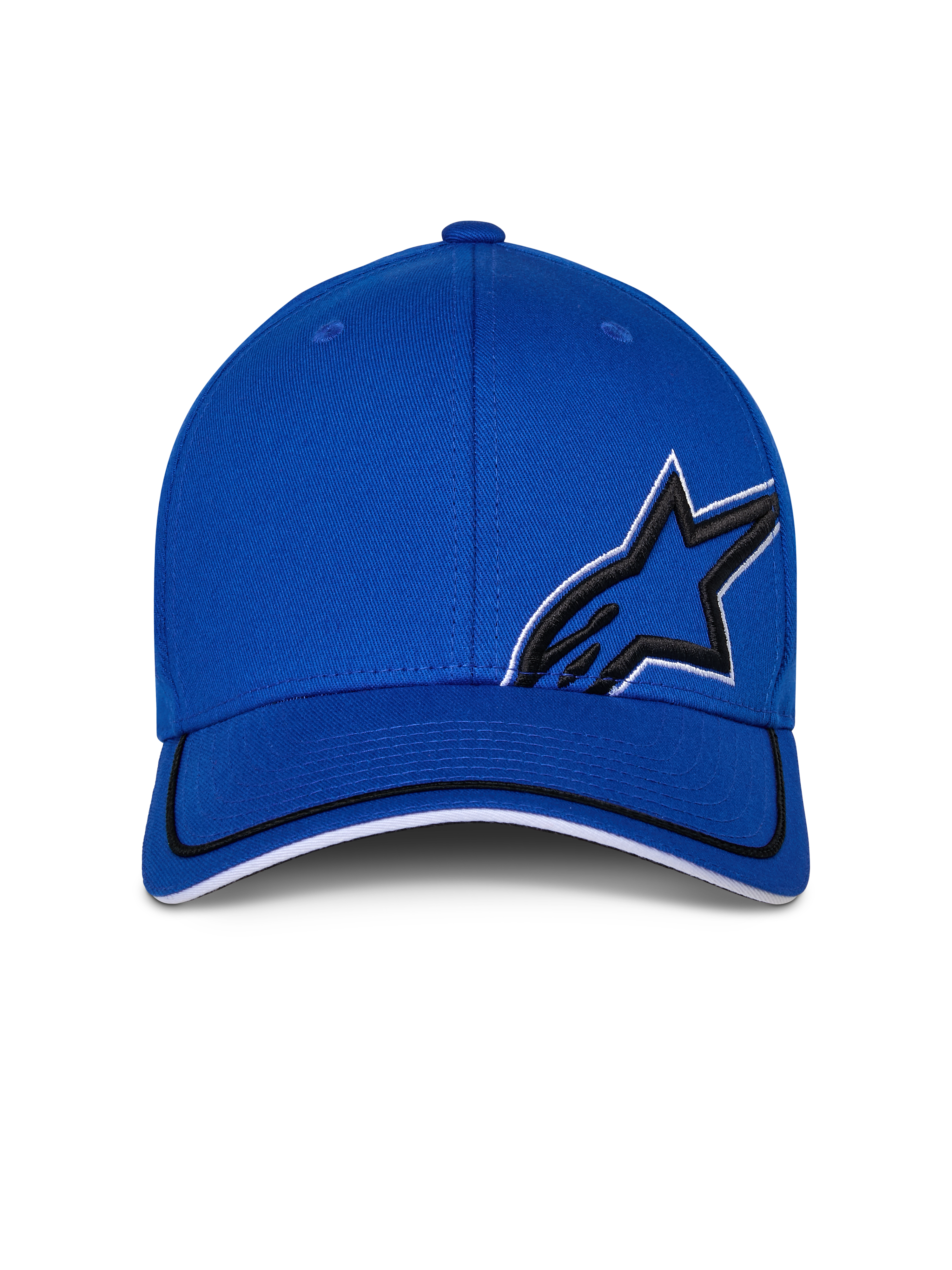 Alpinestars Corp Shift Relay Hat, niebieska czapka z daszkiem, czarny haft 3D logo Astars z białą obwódką, czarno-białe wykończenie krawędzi daszka, casualowy styl motorsportowy