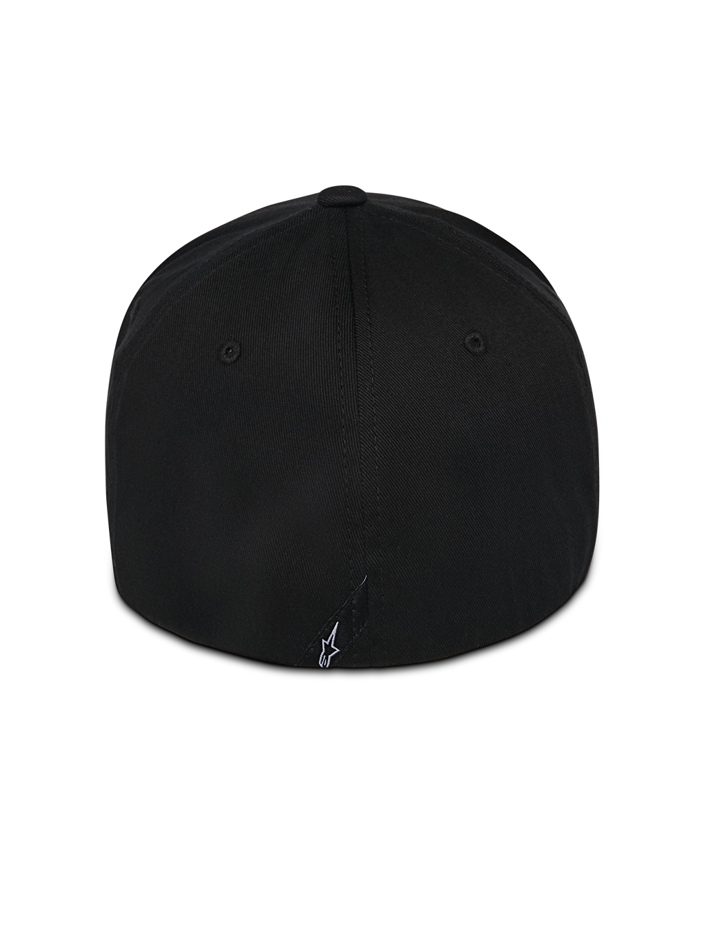 Alpinestars Pivot Hat, czarna czapka z elastycznym tyłem, widok z tyłu z małym białym haftowanym logo Astars, tkanina twillowa, codzienna odzież motorsportowa