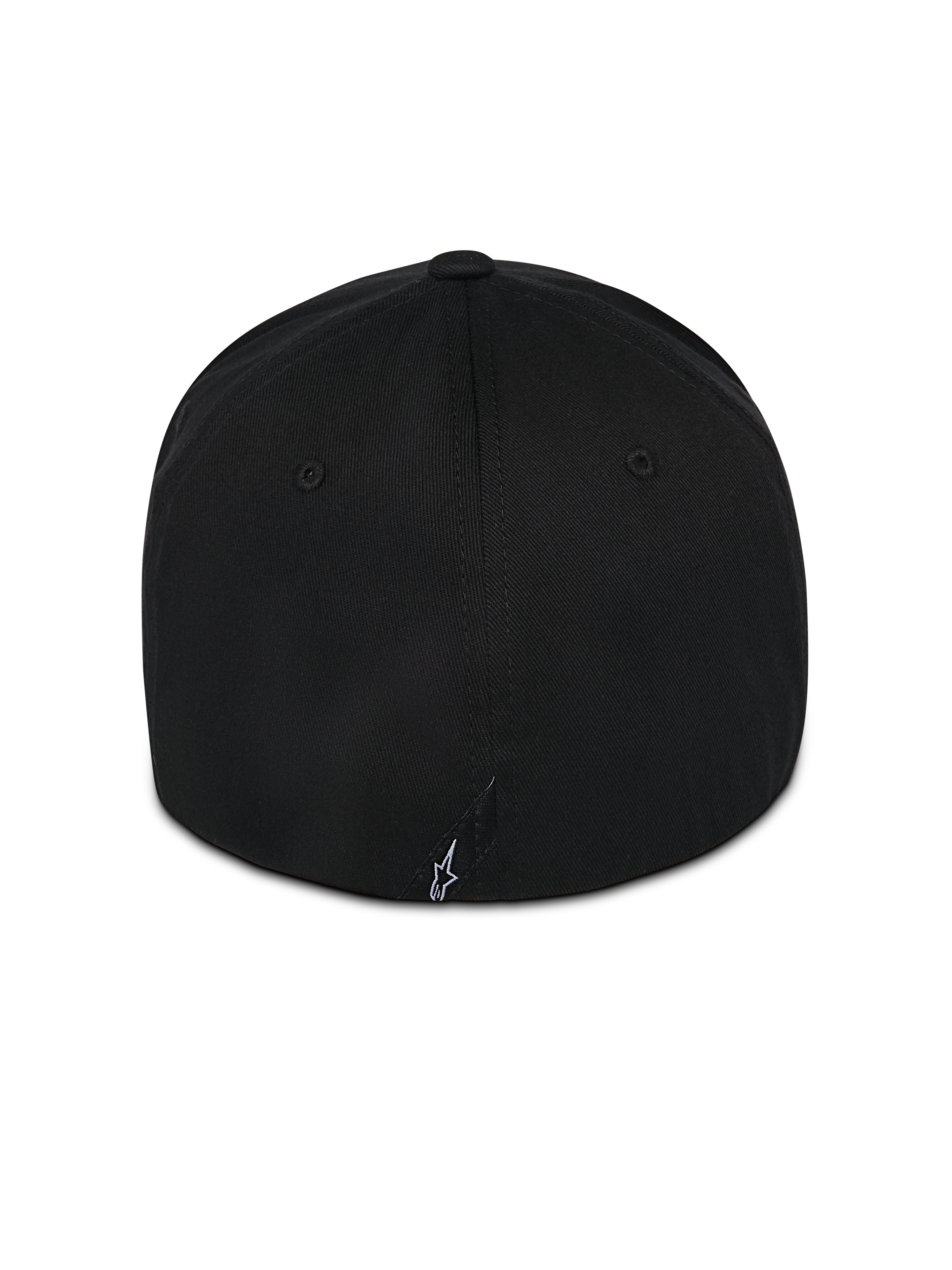 Alpinestars Pivot Hat, czarna czapka z elastycznym tyłem, widok z tyłu z małym białym haftowanym logo Astars, tkanina twillowa, codzienna odzież motorsportowa