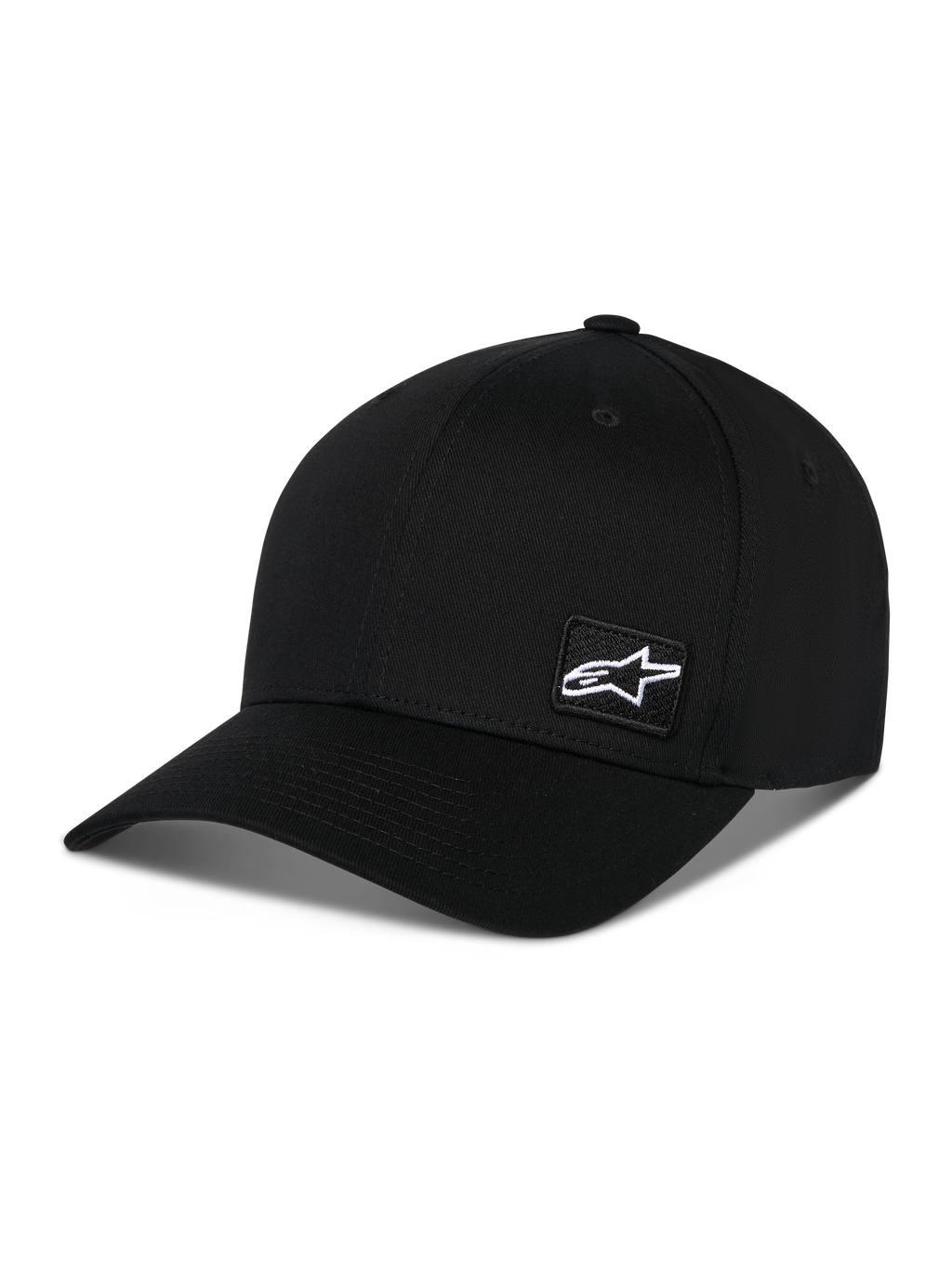 Alpinestars Pivot Hat, czarna czapka sportowa, zakrzywiony daszek i usztywniona korona, mała biała naszywka z logo Astars z boku, casualowy design inspirowany motorsportem
