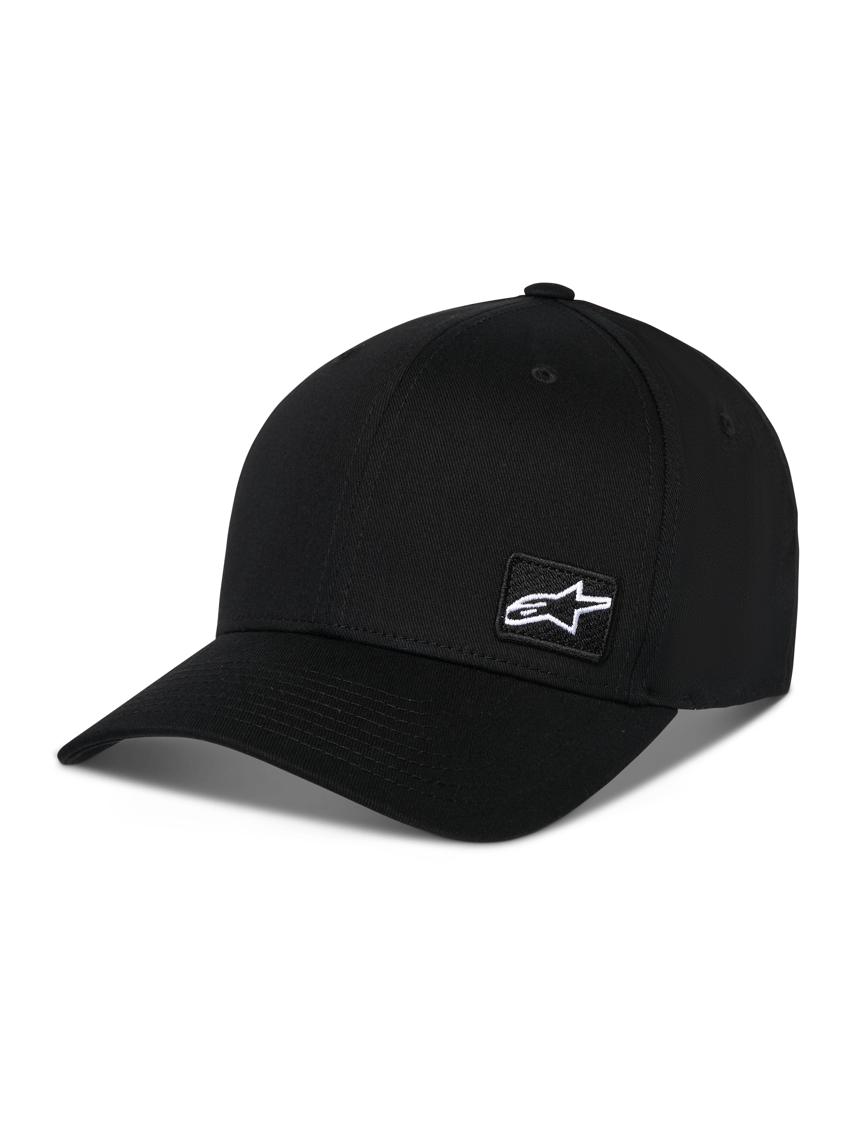 Alpinestars Pivot Hat, Black Sportswear Hat, featuring a curved bill and structured crown, small white Astars logo patch on the side, casual motorsport-inspired design