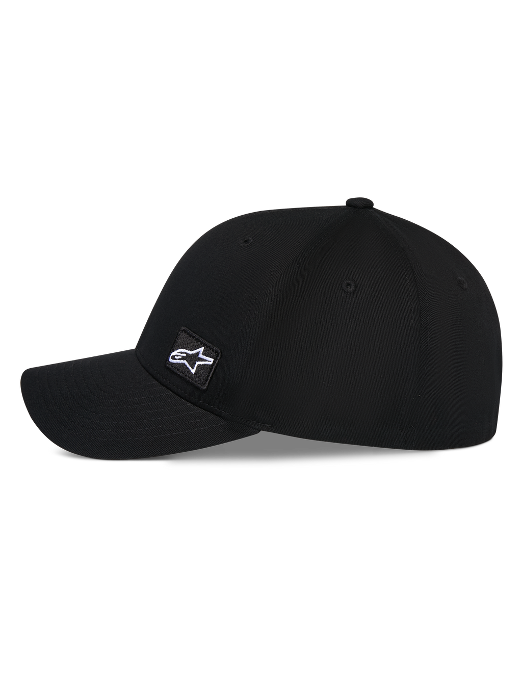 Alpinestars Pivot Hat, czarna czapka z daszkiem, widok z boku z zakrzywionym daszkiem i strukturalną koroną, mała haftowana kwadratowa naszywka z logo Astars z boku, casualowe nakrycie głowy inspirowane sportami motorowymi