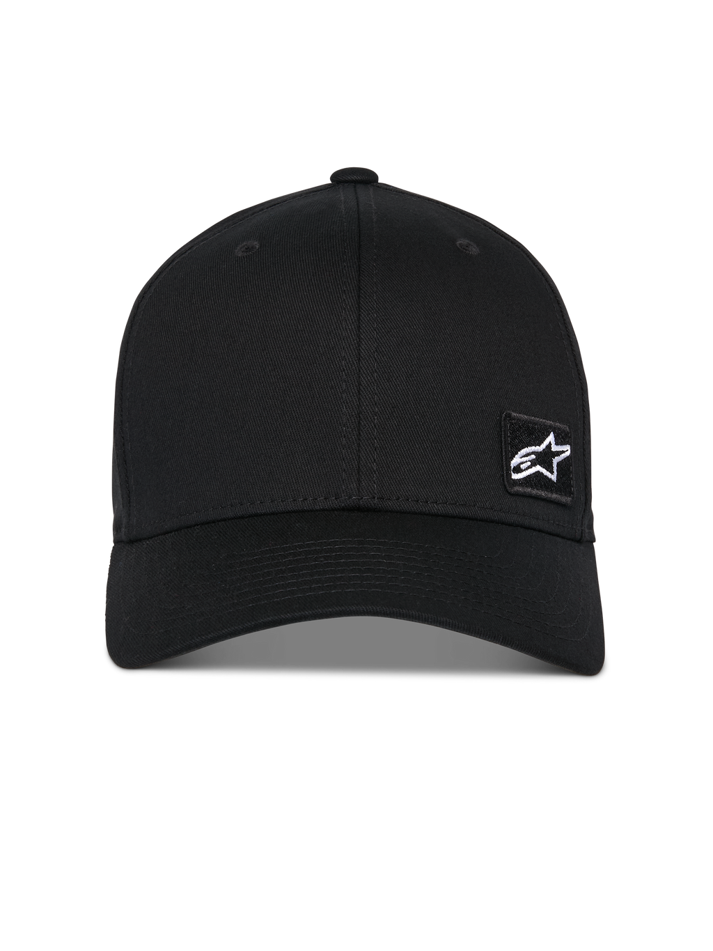 Alpinestars Pivot Hat, czarna czapka z daszkiem, zakrzywiony daszek ze strukturalną koroną, mała biała gwiazda logo Astars na czarnej haftowanej naszywce, odzież sportowa inspirowana sportami motorowymi