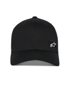 Alpinestars Pivot Hat, czarna czapka z daszkiem, zakrzywiony daszek ze strukturalną koroną, mała biała gwiazda logo Astars na czarnej haftowanej naszywce, odzież sportowa inspirowana sportami motorowymi