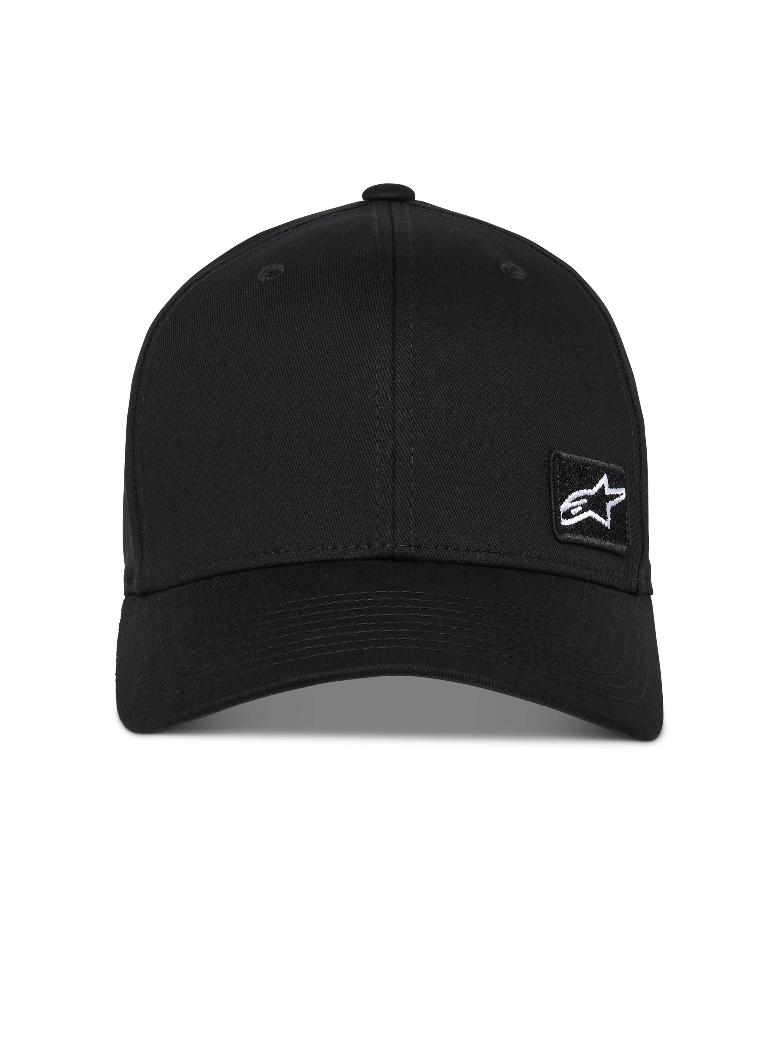 Alpinestars Pivot Hat, czarna czapka z daszkiem, zakrzywiony daszek ze strukturalną koroną, mała biała gwiazda logo Astars na czarnej haftowanej naszywce, odzież sportowa inspirowana sportami motorowymi