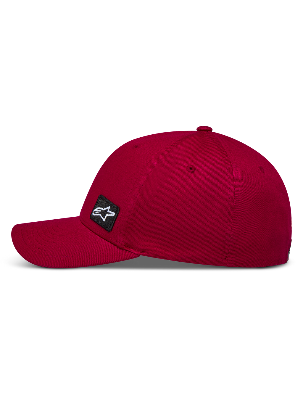 Alpinestars Pivot Hat, ciemnoczerwona czapka z daszkiem, usztywniona korona i zakrzywiony daszek, tkanina keprowa, mała naszywka z logo Astars, odzież sportowa.