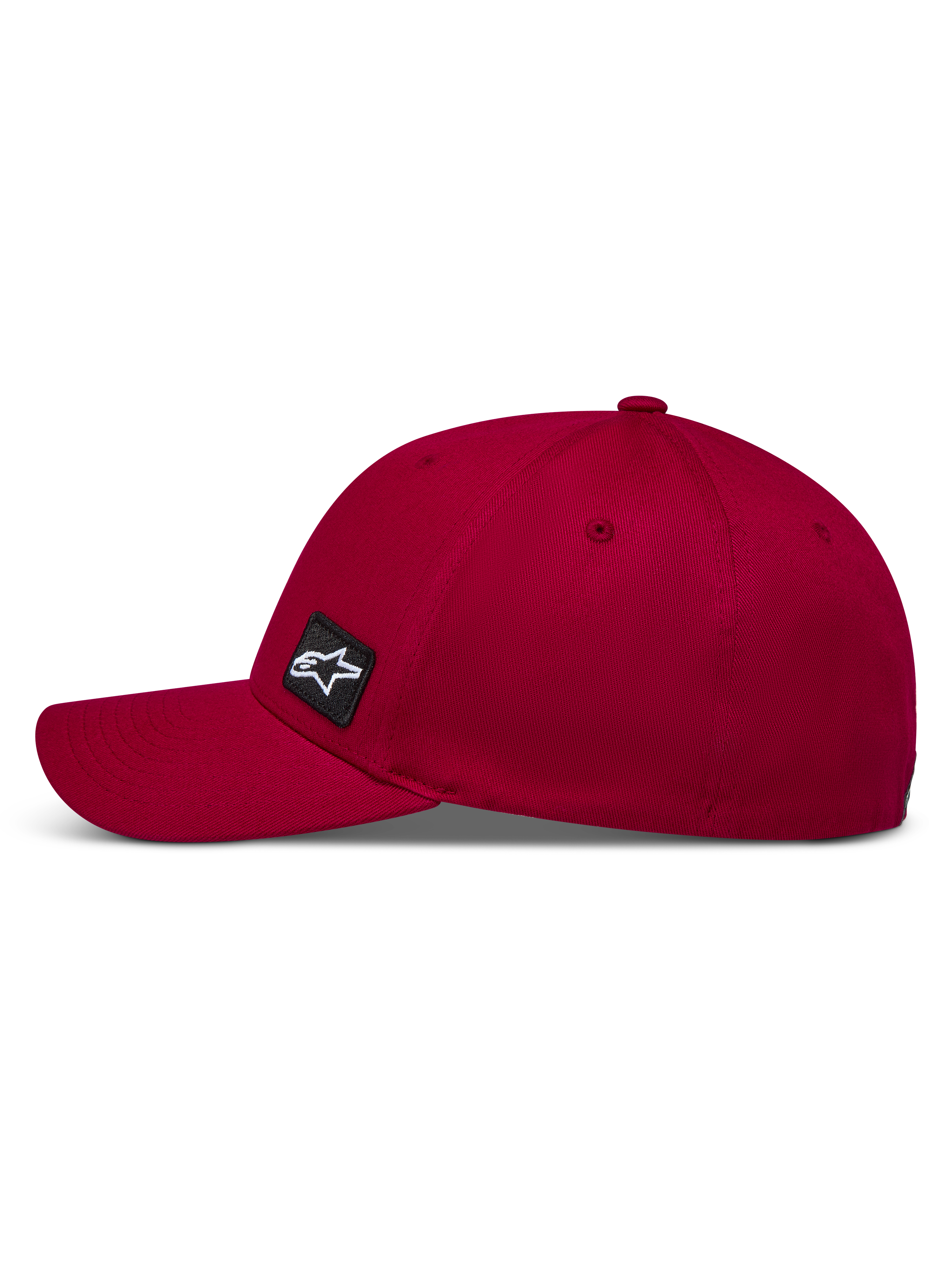 Alpinestars Pivot Hat, ciemnoczerwona czapka z daszkiem, usztywniona korona i zakrzywiony daszek, tkanina keprowa, mała naszywka z logo Astars, odzież sportowa.