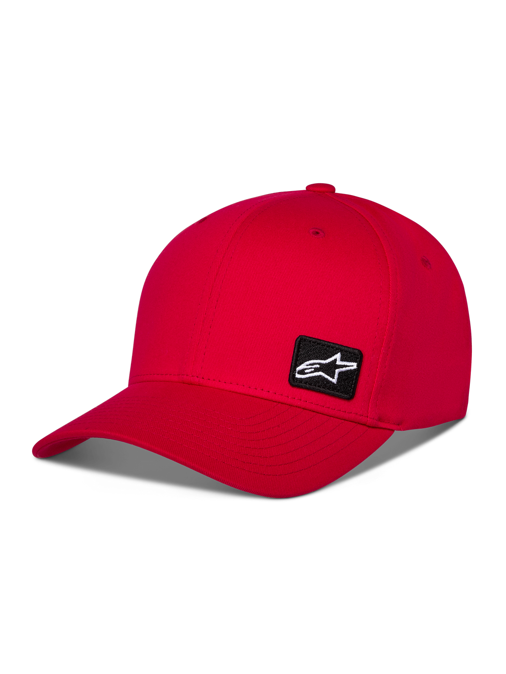 Alpinestars Pivot Hat, czerwona sportowa czapka z daszkiem, zakrzywiony daszek, strukturalna korona, mała czarna haftowana naszywka z logo Astars z boku, casualowy styl motorsportowy