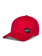 Alpinestars Pivot Hat, czerwona sportowa czapka z daszkiem, zakrzywiony daszek, strukturalna korona, mała czarna haftowana naszywka z logo Astars z boku, casualowy styl motorsportowy