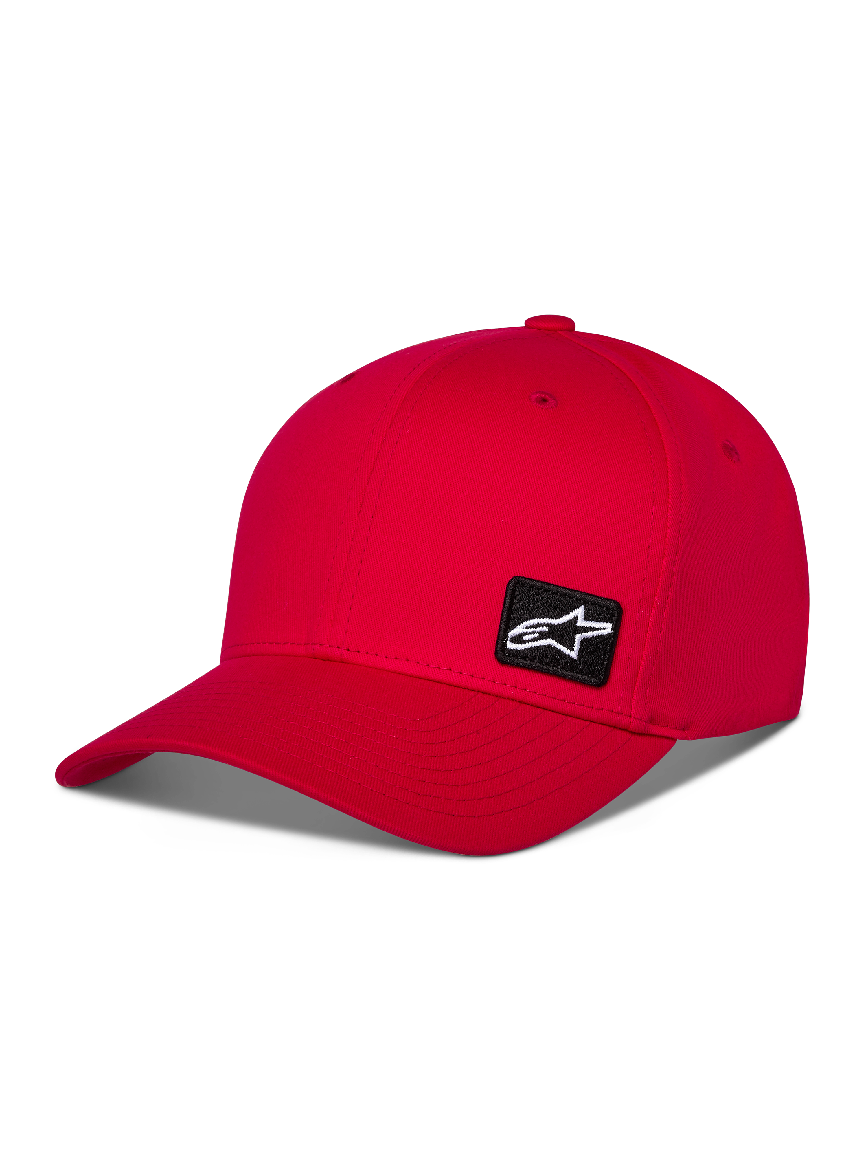 Alpinestars Pivot Hat, czerwona sportowa czapka z daszkiem, zakrzywiony daszek, strukturalna korona, mała czarna haftowana naszywka z logo Astars z boku, casualowy styl motorsportowy