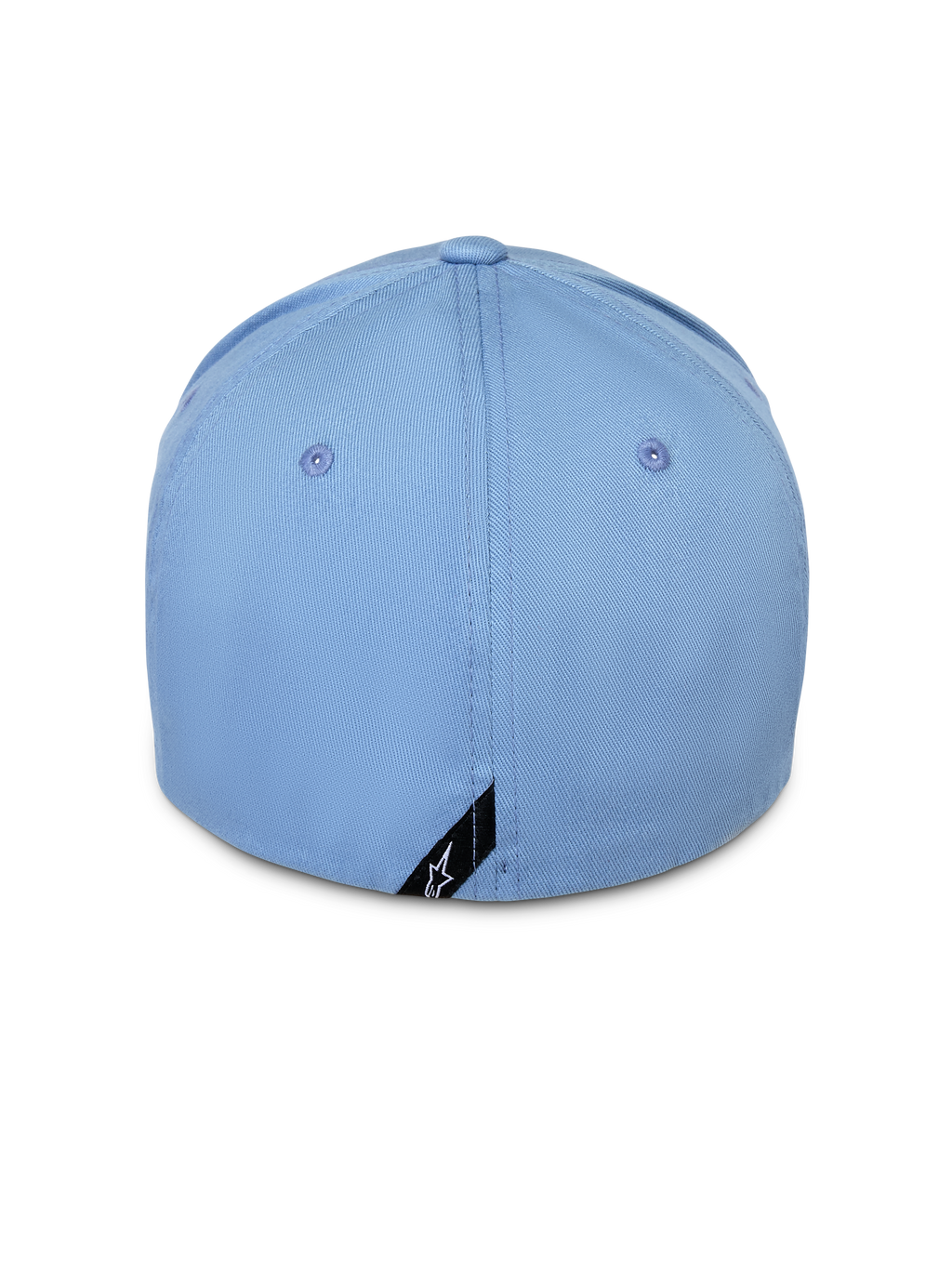 Alpinestars Pivot Hat, niebieska, widok z tyłu czapki z daszkiem typu flex back, jasnoniebieski bawełniany twill z małą czarną metką z logo Astars na krawędzi, codzienna odzież uliczna inspirowana sportami motorowymi