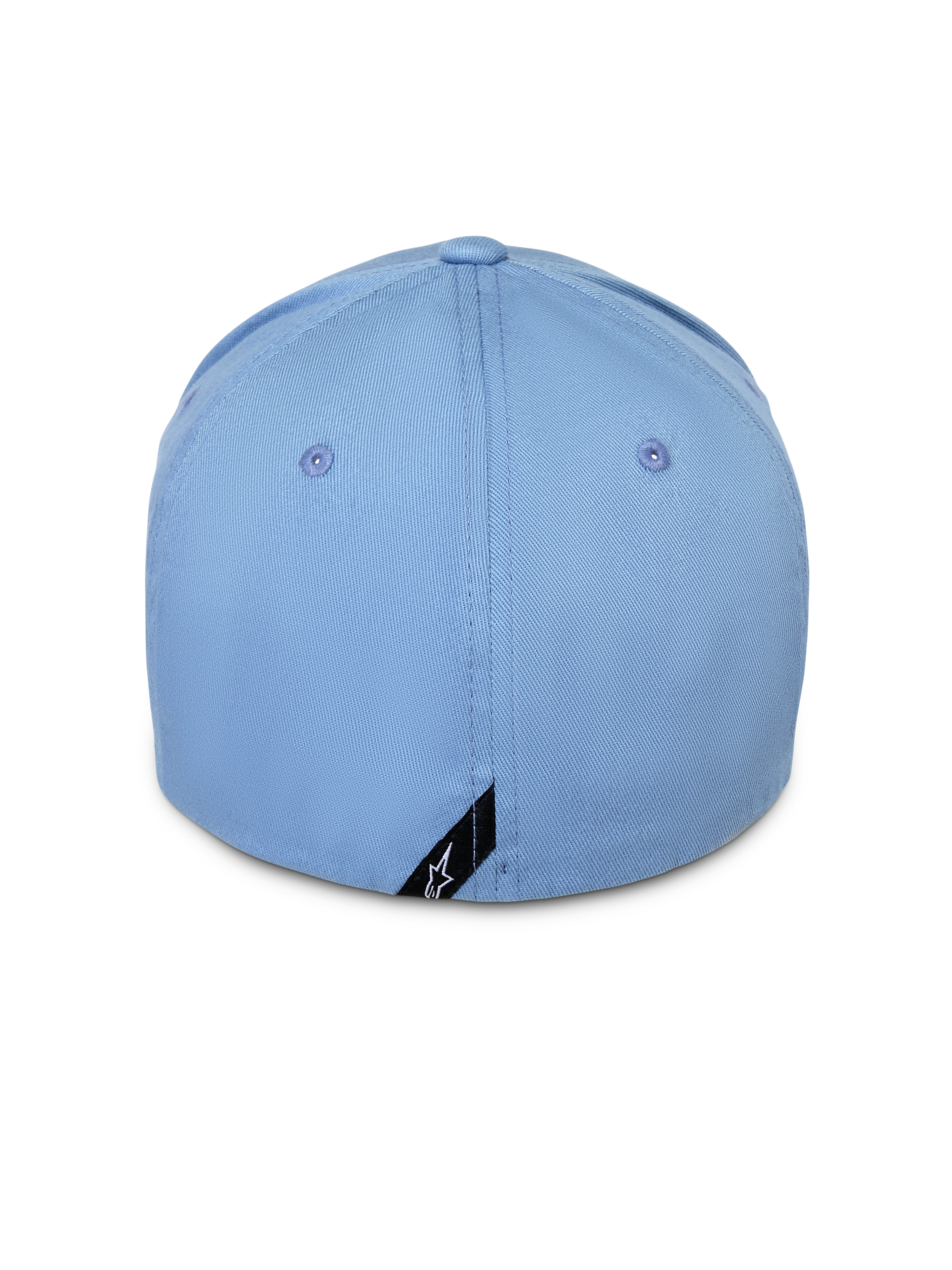 Alpinestars Pivot Hat, niebieska, widok z tyłu czapki z daszkiem typu flex back, jasnoniebieski bawełniany twill z małą czarną metką z logo Astars na krawędzi, codzienna odzież uliczna inspirowana sportami motorowymi
