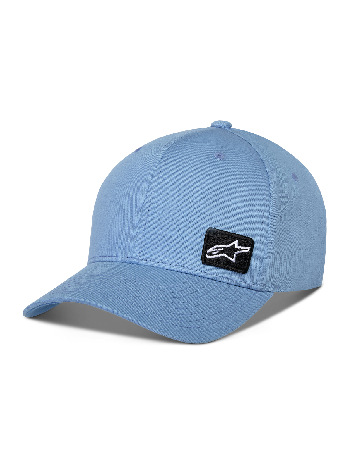 Alpinestars Pivot Hat, niebieska czapka z daszkiem, zakrzywiony daszek, mała czarna haftowana naszywka z logo Astars z boku, codzienny dodatek sportowy