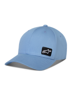 Alpinestars Pivot Hat, niebieska czapka z daszkiem, zakrzywiony daszek, mała czarna haftowana naszywka z logo Astars z boku, codzienny dodatek sportowy