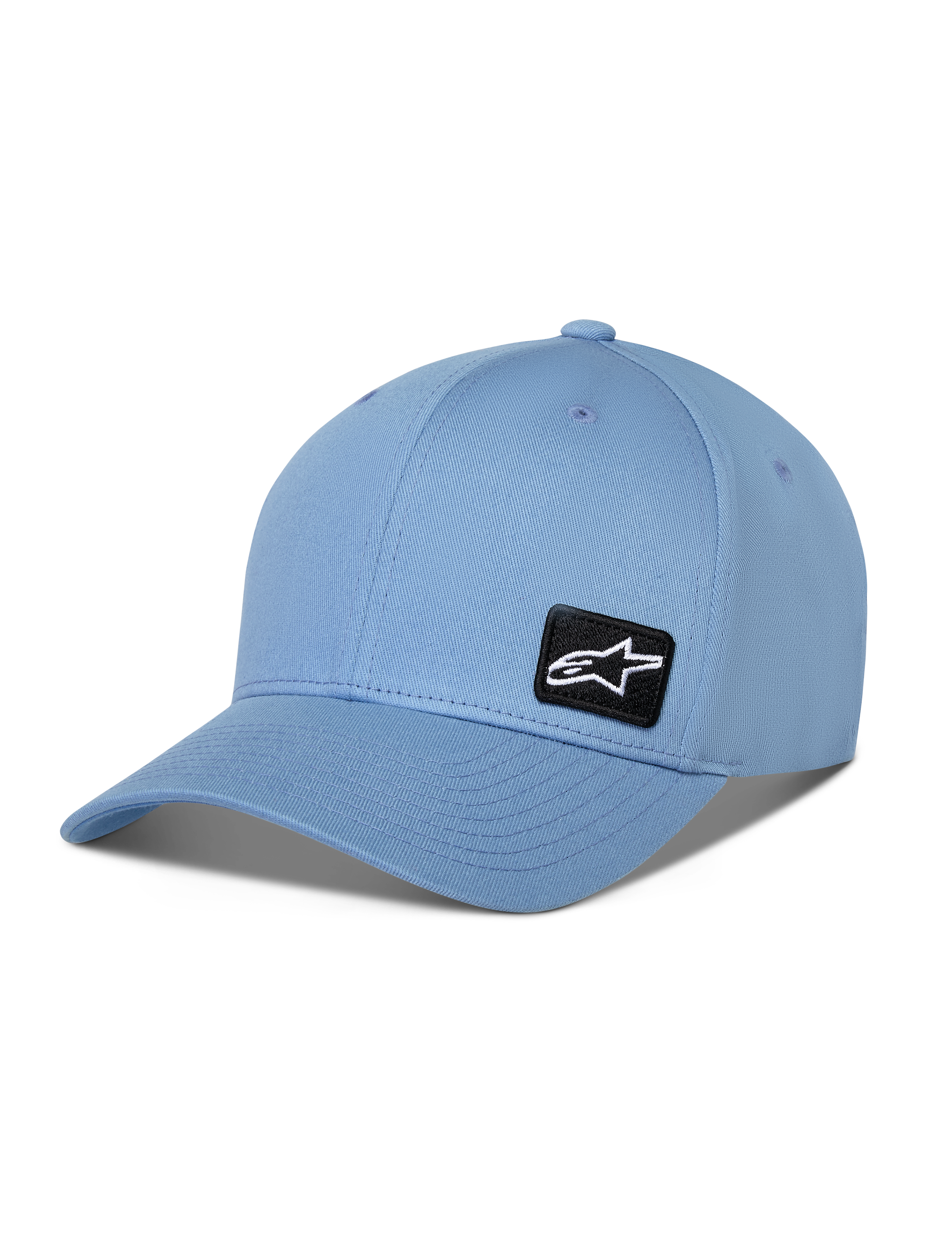 Alpinestars Pivot Hat, niebieska czapka z daszkiem, zakrzywiony daszek, mała czarna haftowana naszywka z logo Astars z boku, codzienny dodatek sportowy