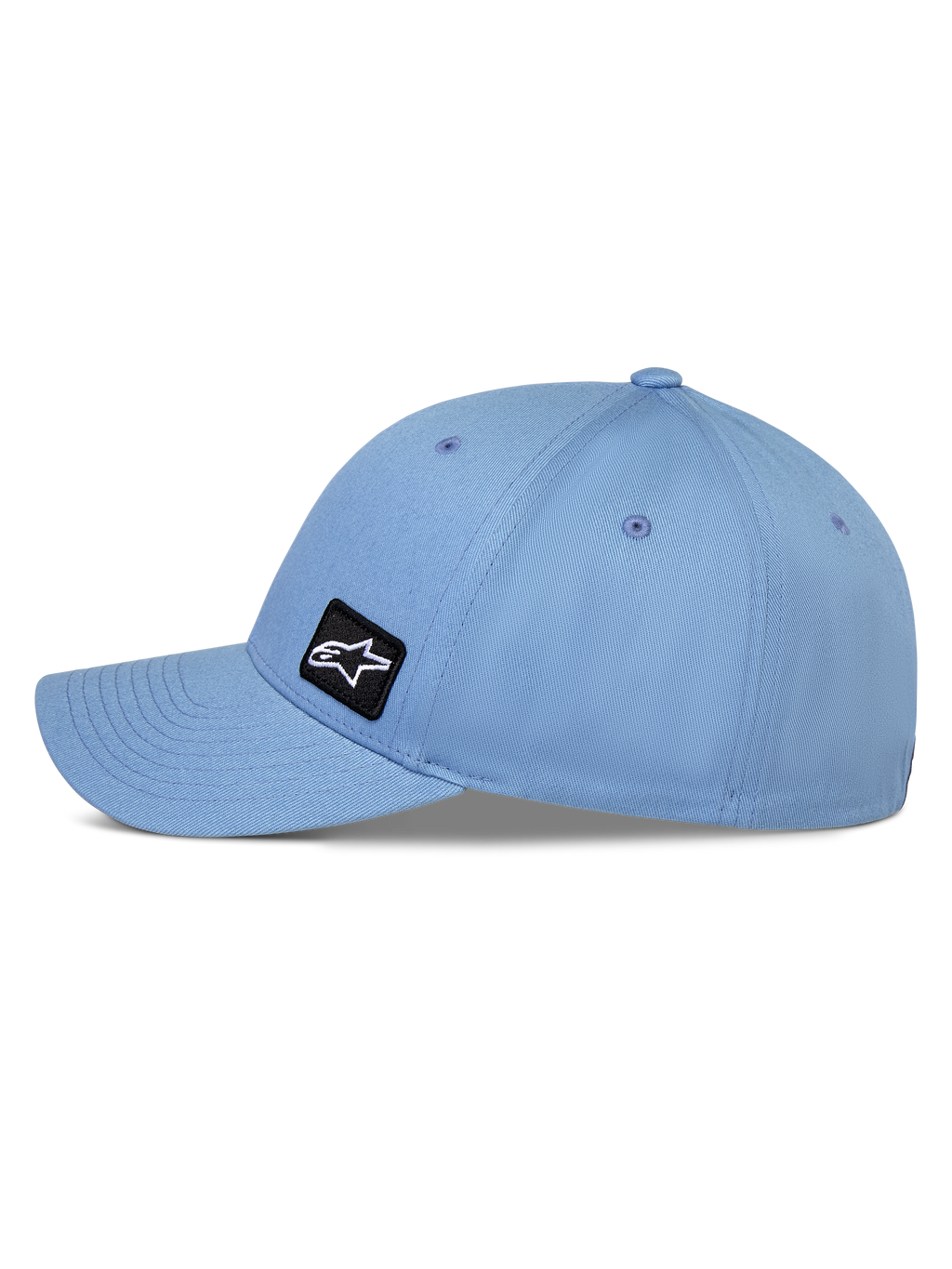 Alpinestars Pivot Hat, niebieska czapka z daszkiem z zakrzywionym daszkiem, widok z boku ukazujący usztywnioną koronę i tkaninę twillową, mała czarna haftowana naszywka z logo Astars, codzienna odzież sportowa inspirowana motorsportem