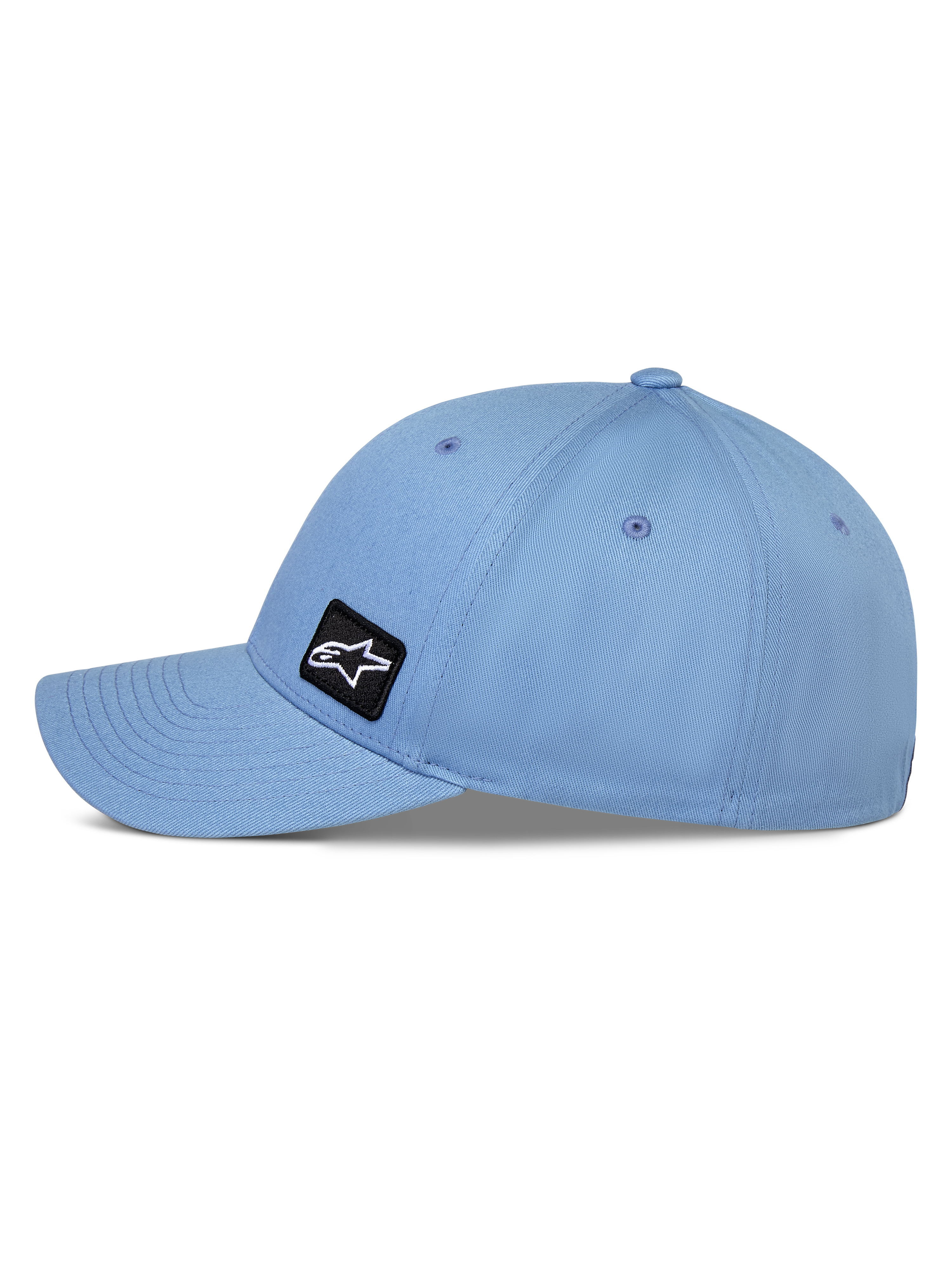 Alpinestars Pivot Hat, niebieska czapka z daszkiem z zakrzywionym daszkiem, widok z boku ukazujący usztywnioną koronę i tkaninę twillową, mała czarna haftowana naszywka z logo Astars, codzienna odzież sportowa inspirowana motorsportem