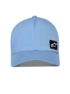 Alpinestars Pivot Hat, usztywniana czapka z daszkiem, niebieska, zakrzywiony daszek, mała czarna haftowana naszywka z logo Astars, codzienny dodatek sportowy