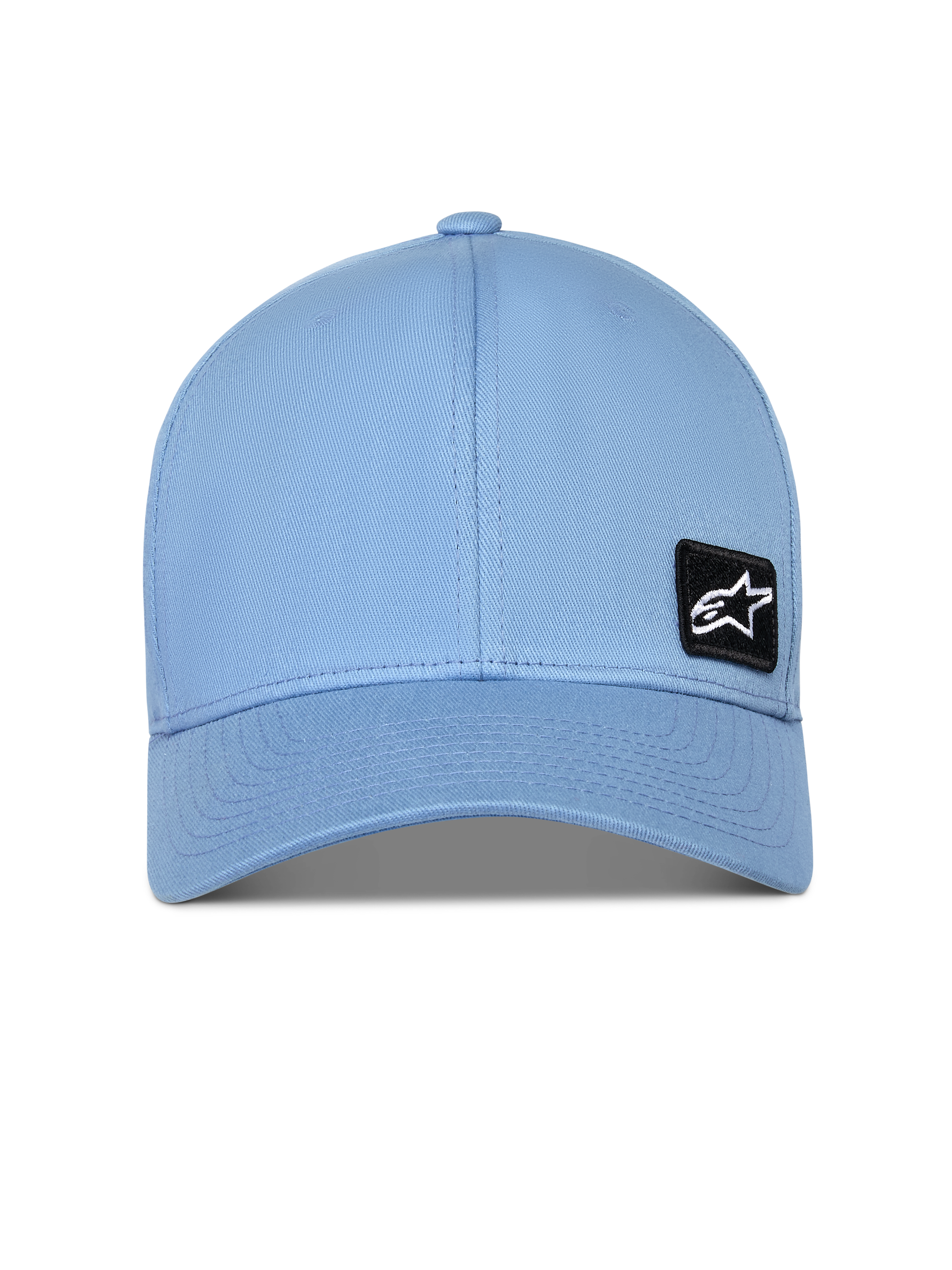 Alpinestars Pivot Hat, usztywniana czapka z daszkiem, niebieska, zakrzywiony daszek, mała czarna haftowana naszywka z logo Astars, codzienny dodatek sportowy