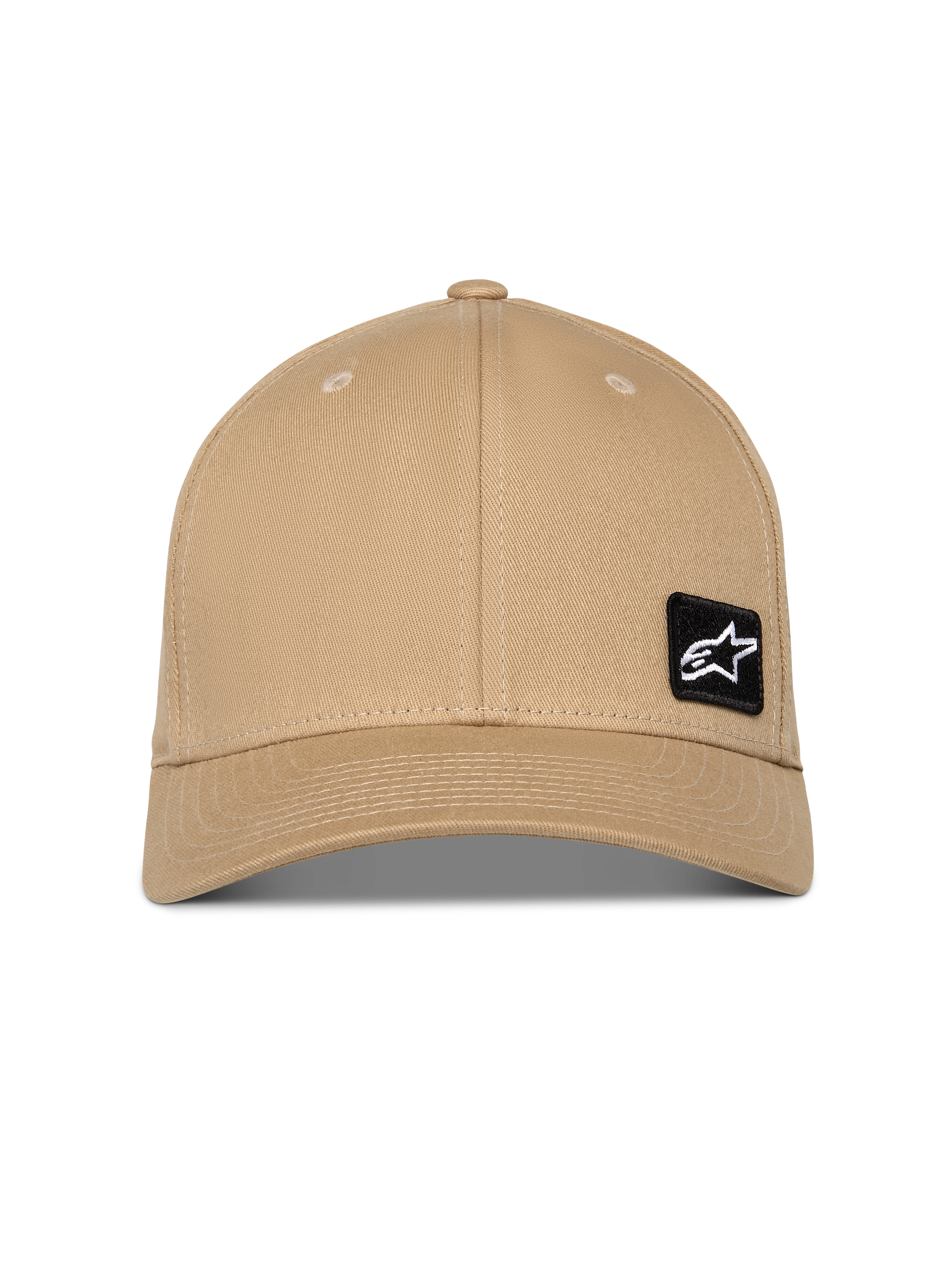 Alpinestars Pivot Hat, czapka z daszkiem w kolorze piaskowego khaki, zakrzywiony daszek i strukturalna korona, mała czarna naszywka z haftowanym logo Astars z przodu, sportowe nakrycie głowy