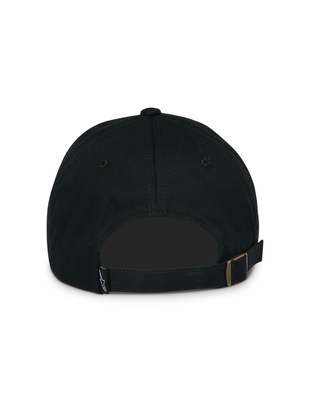 Alpinestars Calipalm Strapback Hat, czarna, widok z tyłu z regulowanym zapięciem na pasek z metalową klamrą, mała tkana metka z logo i miękka konstrukcja z bawełnianego twillu