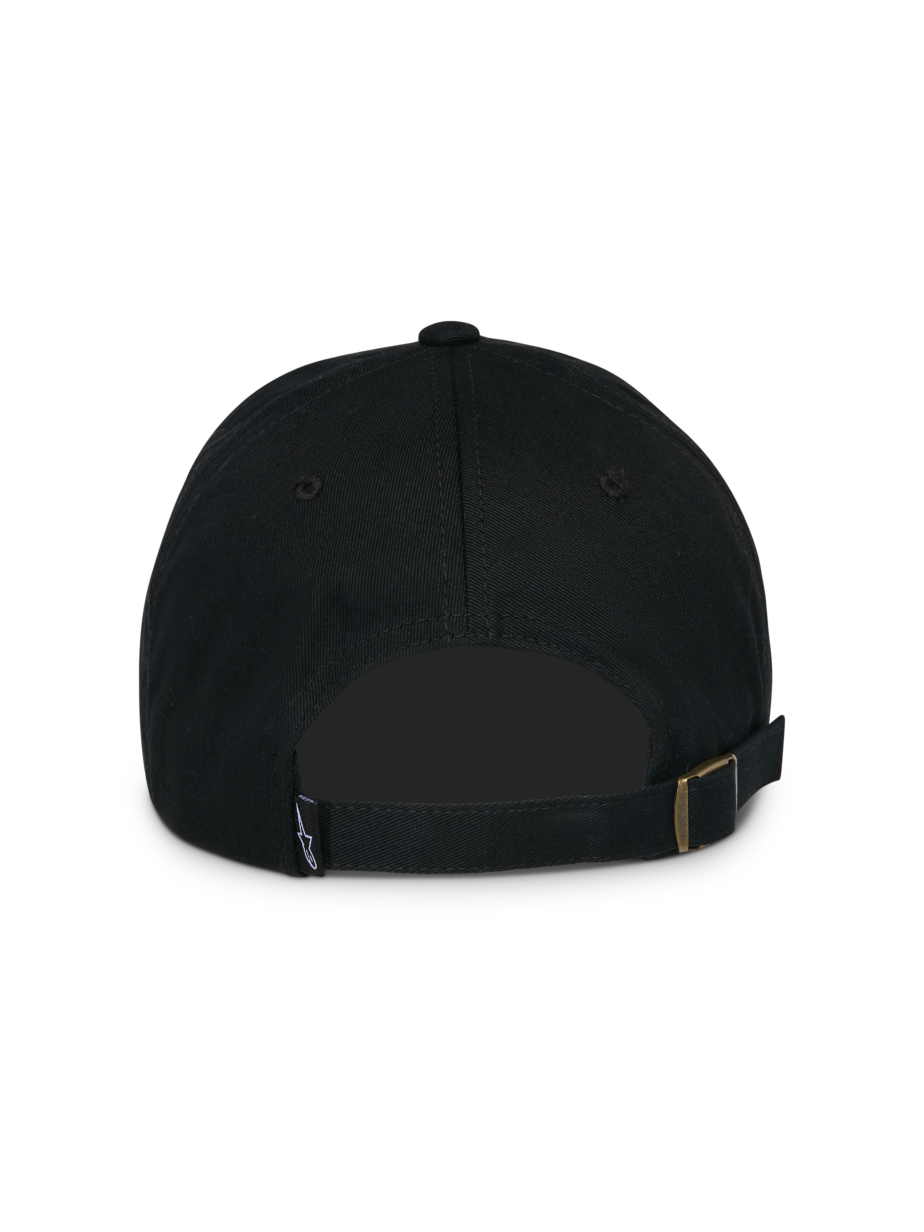 Alpinestars Calipalm Strapback Hat, czarna, widok z tyłu z regulowanym zapięciem na pasek z metalową klamrą, mała tkana metka z logo i miękka konstrukcja z bawełnianego twillu