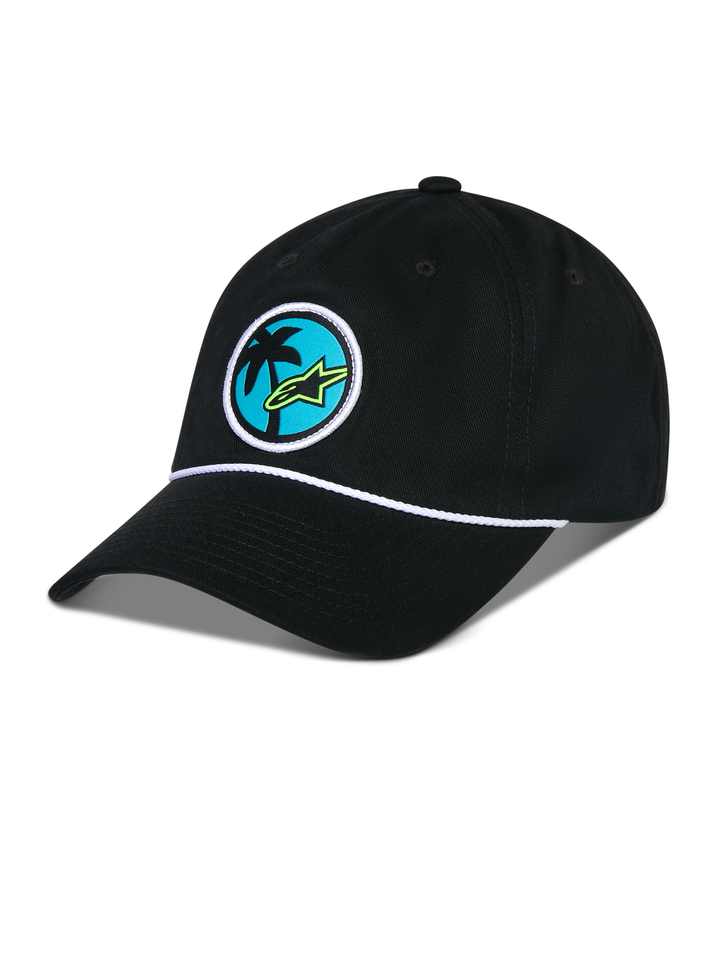 Alpinestars Calipalm Strapback Hat, czarna czapka z daszkiem, miękka niska korona z zakrzywionym daszkiem, biały ozdobny sznurek, okrągła naszywka z przodu z motywem palmy i limonkowym logo Astars, casualowa odzież sportowa