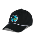 Alpinestars Calipalm Strapback Hat, czarna czapka z daszkiem, miękka niska korona z zakrzywionym daszkiem, biały ozdobny sznurek, okrągła naszywka z przodu z motywem palmy i limonkowym logo Astars, casualowa odzież sportowa