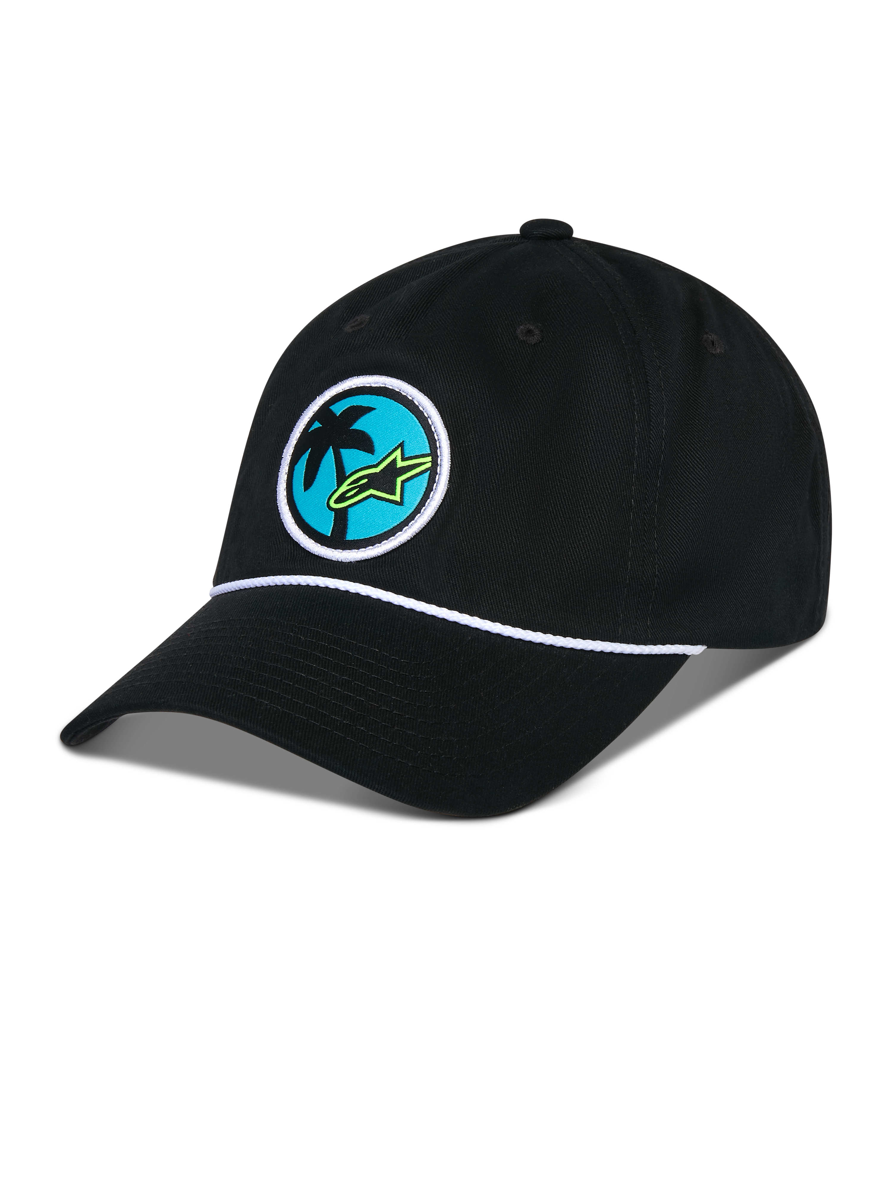 Alpinestars Calipalm Strapback Hat, czarna czapka z daszkiem, miękka niska korona z zakrzywionym daszkiem, biały ozdobny sznurek, okrągła naszywka z przodu z motywem palmy i limonkowym logo Astars, casualowa odzież sportowa