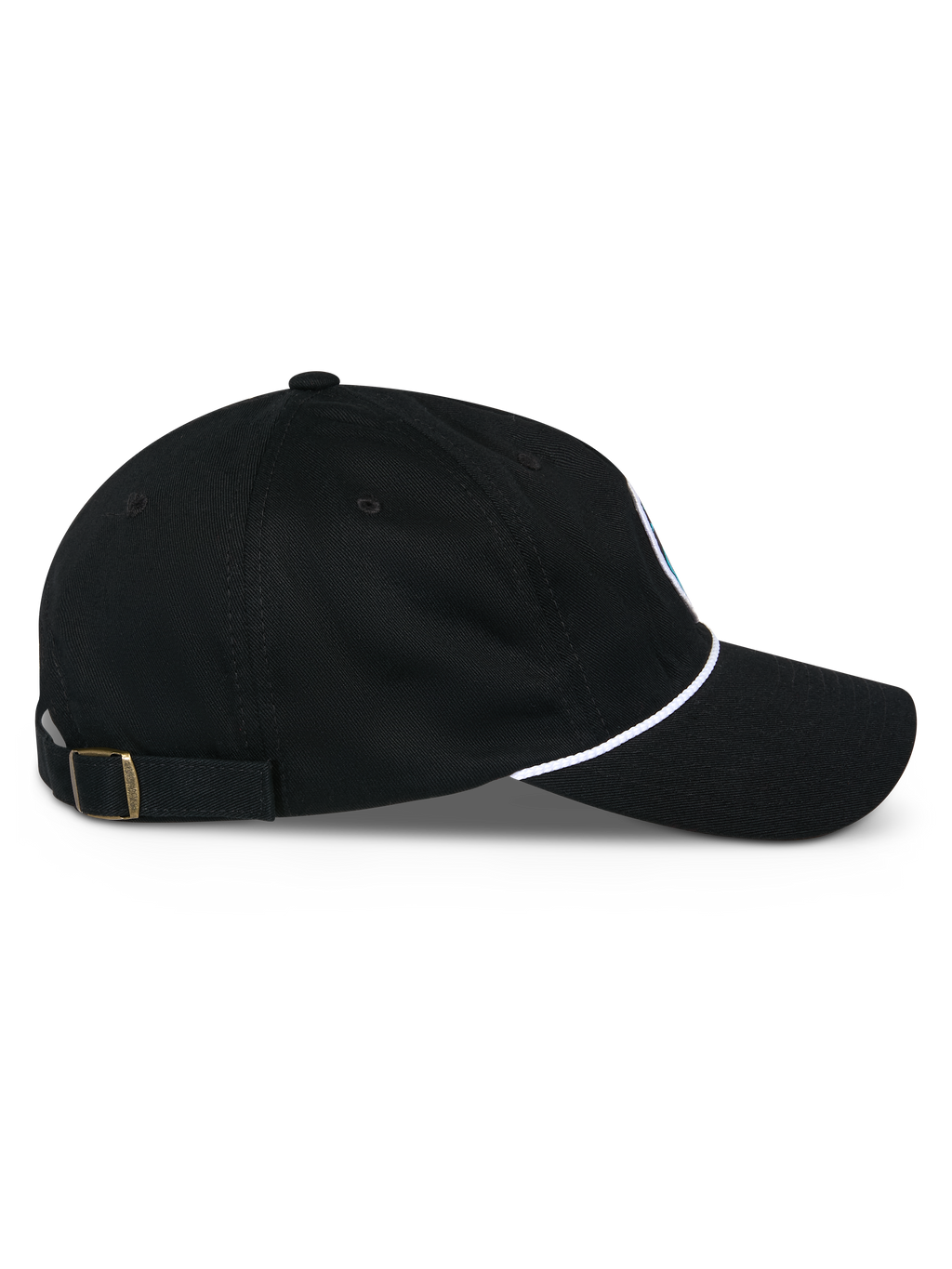 Czapka Alpinestars Calipalm Strapback, profil boczny, czarna, zakrzywiony daszek z białym sznurkiem, regulowany pasek z mosiężną klamrą, 100% bawełna o splocie twill, codzienne nakrycie głowy inspirowane motorsportem
