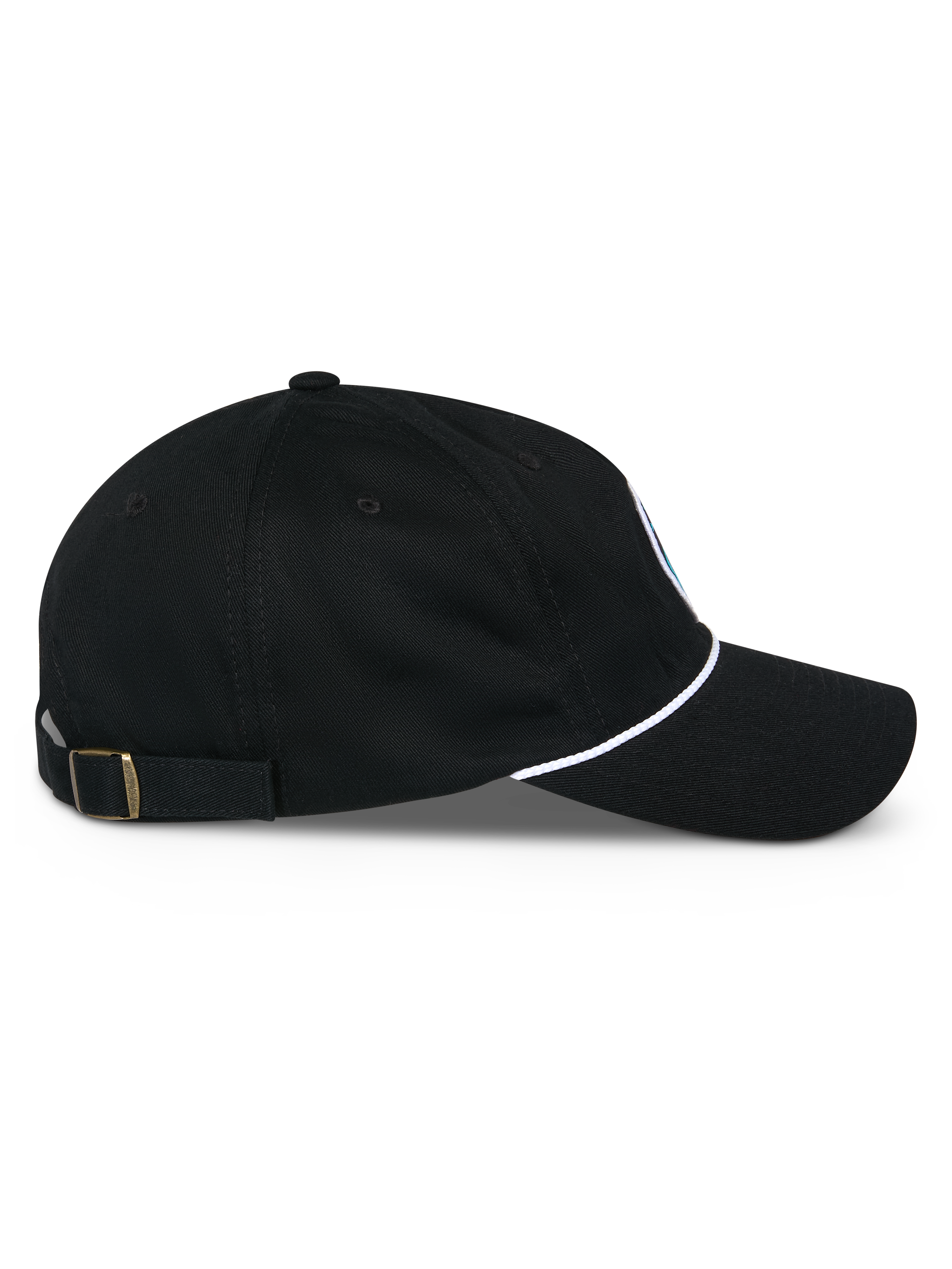 Czapka Alpinestars Calipalm Strapback, profil boczny, czarna, zakrzywiony daszek z białym sznurkiem, regulowany pasek z mosiężną klamrą, 100% bawełna o splocie twill, codzienne nakrycie głowy inspirowane motorsportem