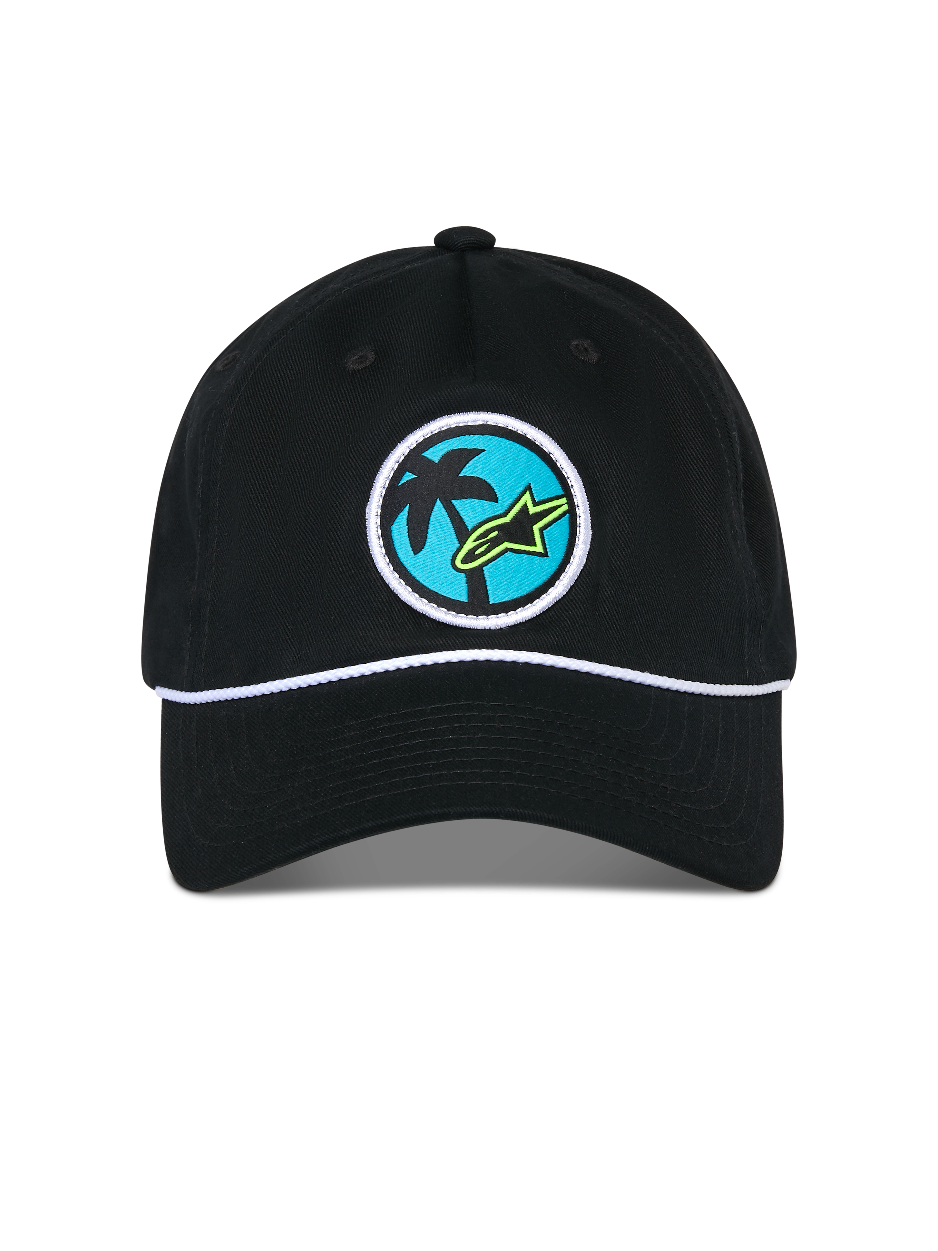 Alpinestars Calipalm Strapback Hat, czarna czapka z okrągłą tkaną naszywką z palmą i limonkowym logo Astars na niebieskim tle, biały ozdobny sznurek nad daszkiem, sportowa odzież codzienna