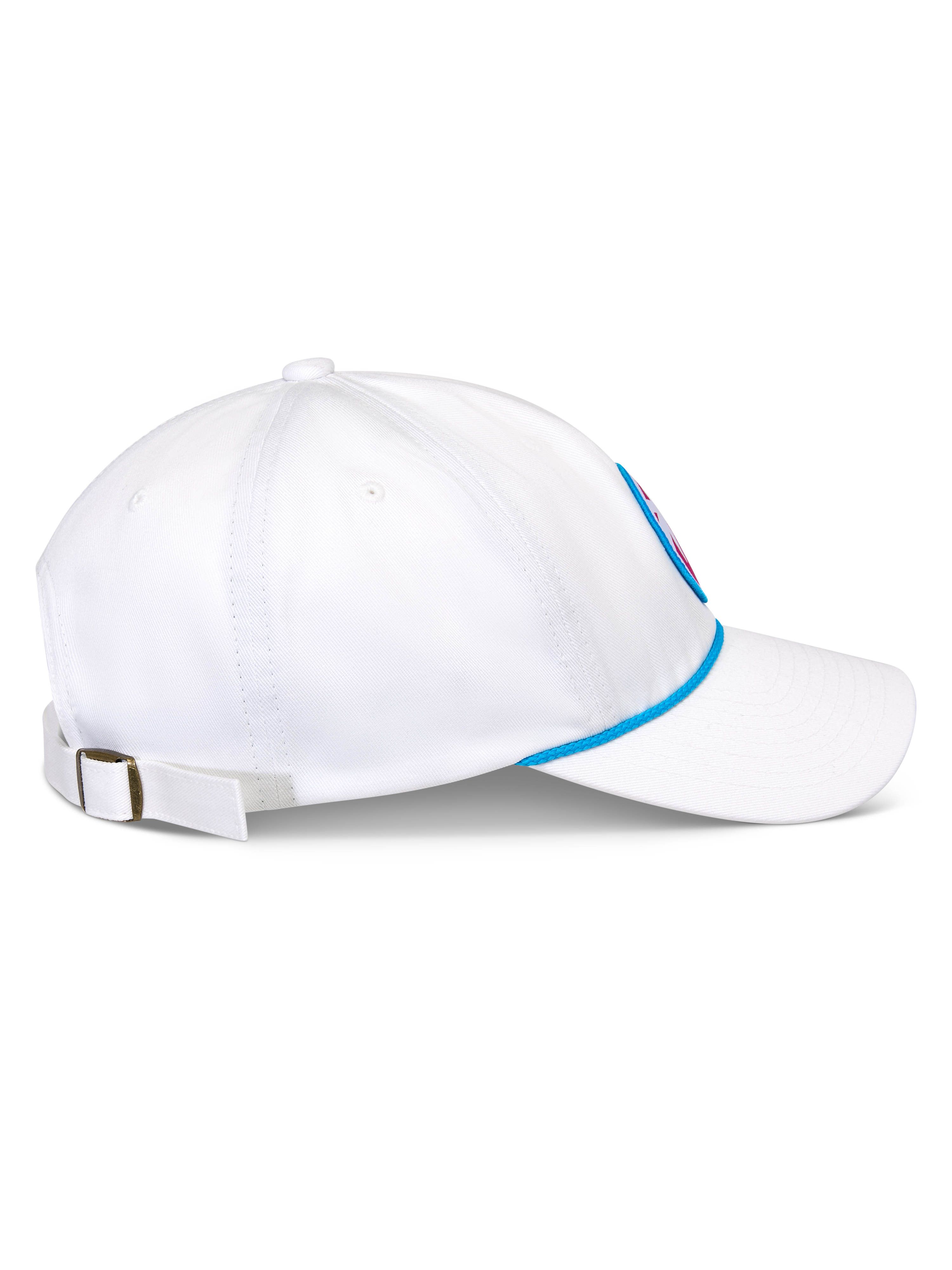 Alpinestars Calipalm Strapback Hat, White, Side view showing curved bill and unstructured low crown, blue rope accent at the base, adjustable rear strap with metal buckle, casual cotton twill sportswear