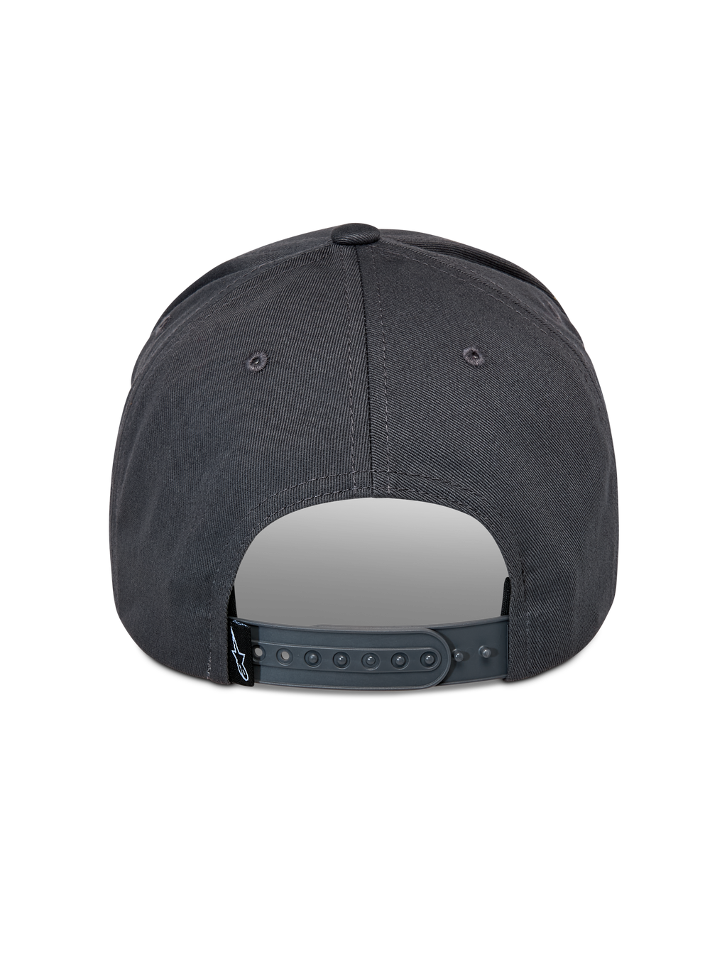Alpinestars Lucid Snapback Hat, ciemnoszara, widok z tyłu ukazujący regulowane plastikowe zapięcie snapback i małą czarną metkę z logo, ustrukturyzowana korona, codzienne nakrycie głowy inspirowane sportami motorowymi
