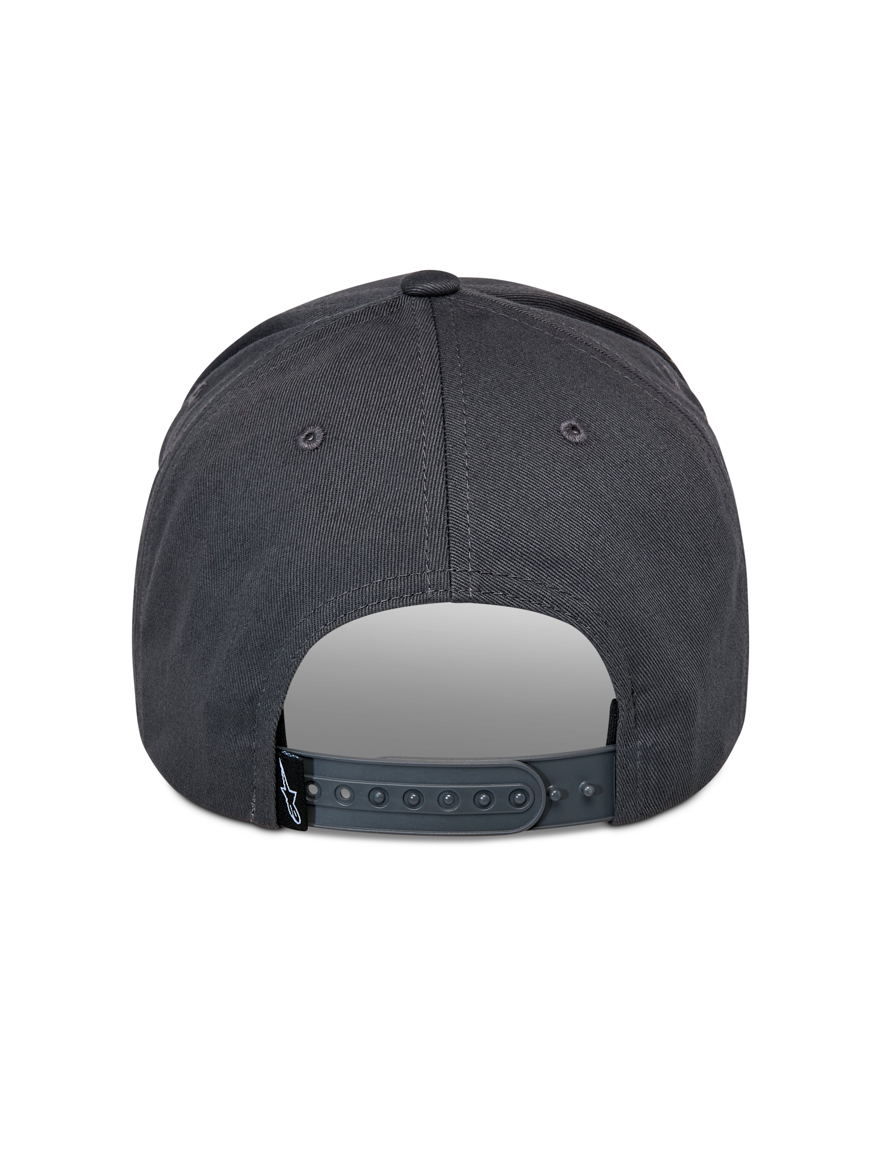 Alpinestars Lucid Snapback Hat, ciemnoszara, widok z tyłu ukazujący regulowane plastikowe zapięcie snapback i małą czarną metkę z logo, ustrukturyzowana korona, codzienne nakrycie głowy inspirowane sportami motorowymi