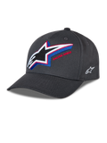 Czapka Alpinestars Lucid Snapback, grafitowa czapka z daszkiem, zakrzywiony daszek z ustrukturyzowaną koroną, duże wielokolorowe haftowane logo Astars z przodu z napisem „Racing Ahead”, małe białe logo z boku, casualowy styl motorsportowy