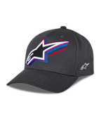Czapka Alpinestars Lucid Snapback, grafitowa czapka z daszkiem, zakrzywiony daszek z ustrukturyzowaną koroną, duże wielokolorowe haftowane logo Astars z przodu z napisem „Racing Ahead”, małe białe logo z boku, casualowy styl motorsportowy