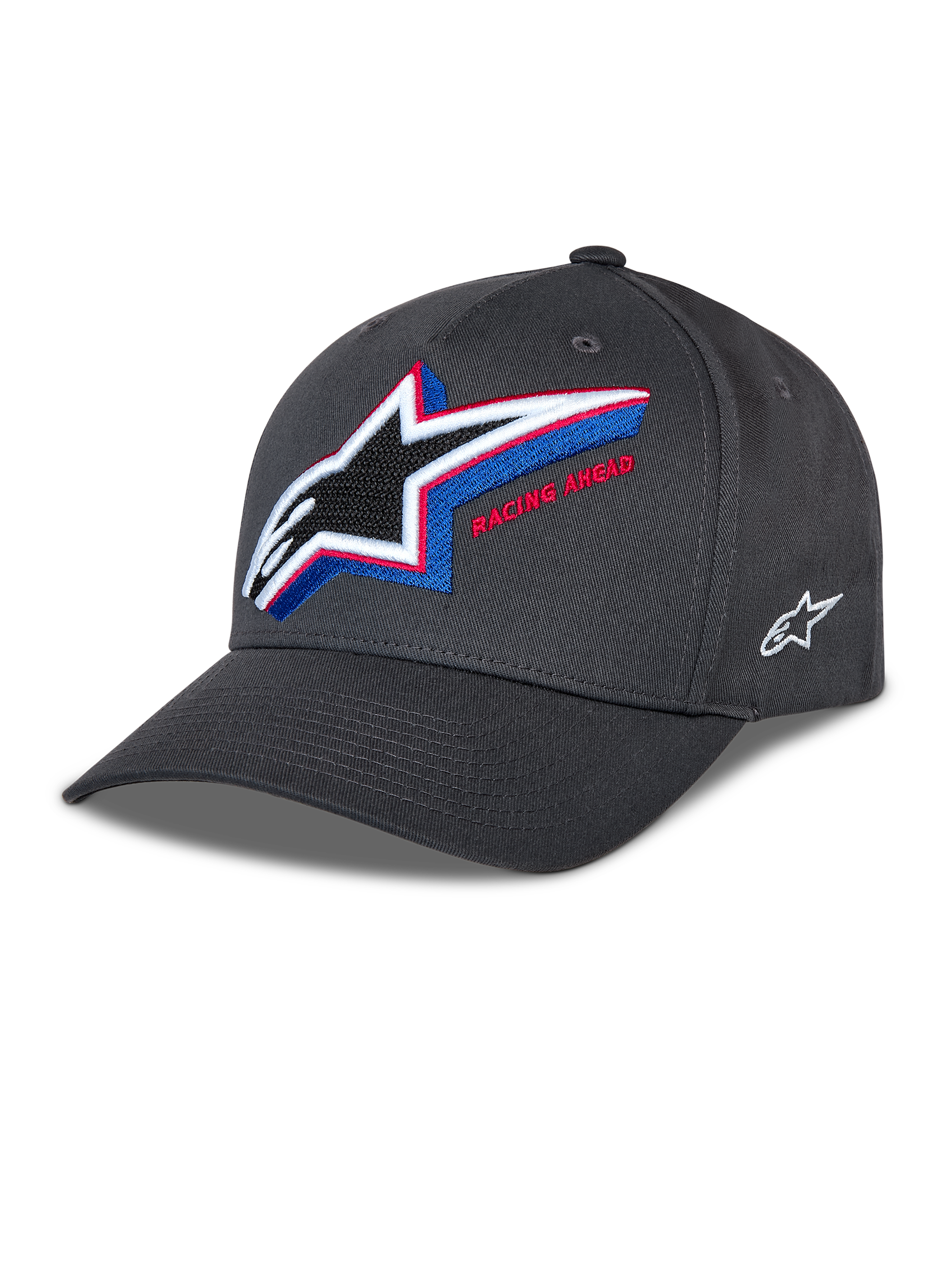 Czapka Alpinestars Lucid Snapback, grafitowa czapka z daszkiem, zakrzywiony daszek z ustrukturyzowaną koroną, duże wielokolorowe haftowane logo Astars z przodu z napisem „Racing Ahead”, małe białe logo z boku, casualowy styl motorsportowy