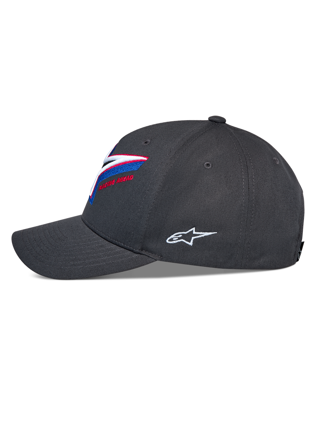 Alpinestars Lucid Snapback Hat, widok z profilu, grafitowa, zakrzywiony daszek z ustrukturyzowaną koroną, wyrazisty wielokolorowy haft z logo z przodu, białe boczne logo Astars, codzienne nakrycie głowy w stylu motorsportowym