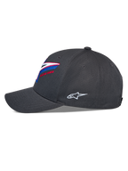 Alpinestars Lucid Snapback Hat, widok z profilu, grafitowa, zakrzywiony daszek z ustrukturyzowaną koroną, wyrazisty wielokolorowy haft z logo z przodu, białe boczne logo Astars, codzienne nakrycie głowy w stylu motorsportowym
