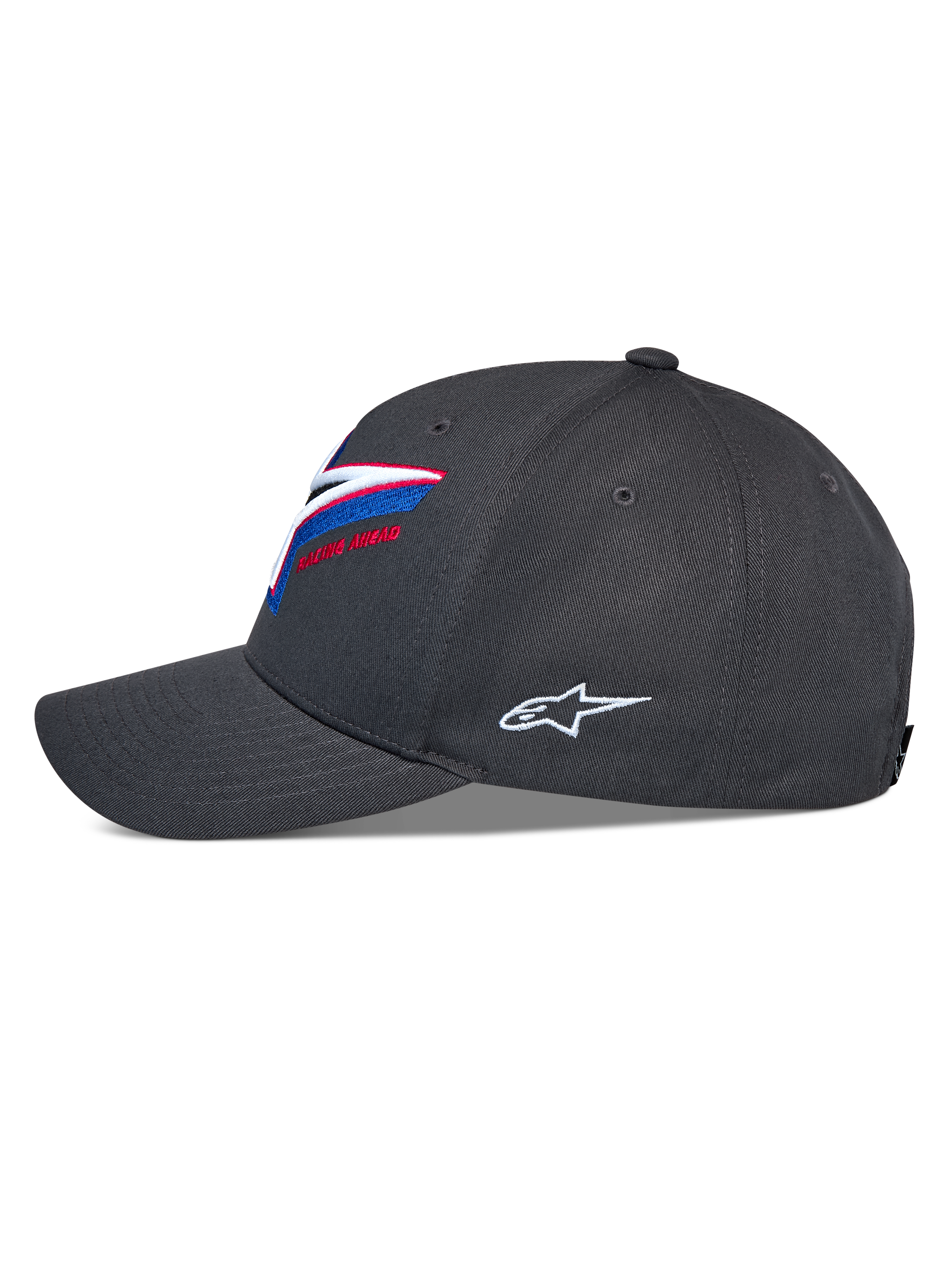 Alpinestars Lucid Snapback Hat, widok z profilu, grafitowa, zakrzywiony daszek z ustrukturyzowaną koroną, wyrazisty wielokolorowy haft z logo z przodu, białe boczne logo Astars, codzienne nakrycie głowy w stylu motorsportowym